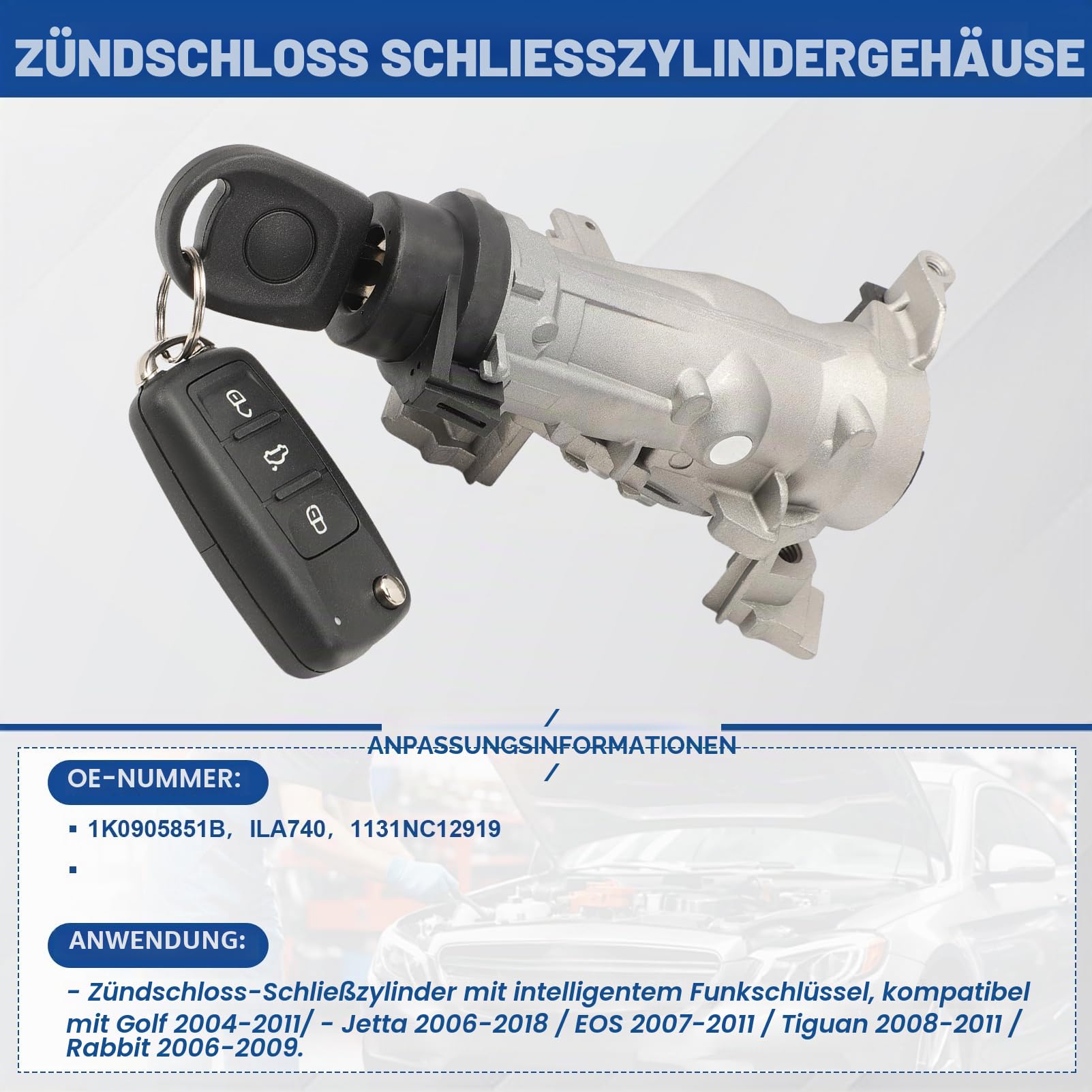 Zündschloss Zündschalter 1K0905851B mit 1 Schlüssel + 1 Fernbedienung für Golf 5 6 A3 TT Seat Altea Leon Caddy 3 Touran Tiguan EOS Beetle Jetta 1K0905841 1K0905865