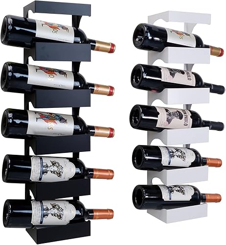 Juego de 2 estantes de vino de pared de granja, estilo moderno de metal que puede contener 10 botellas de vino tinto, una negra y blanca, un estante