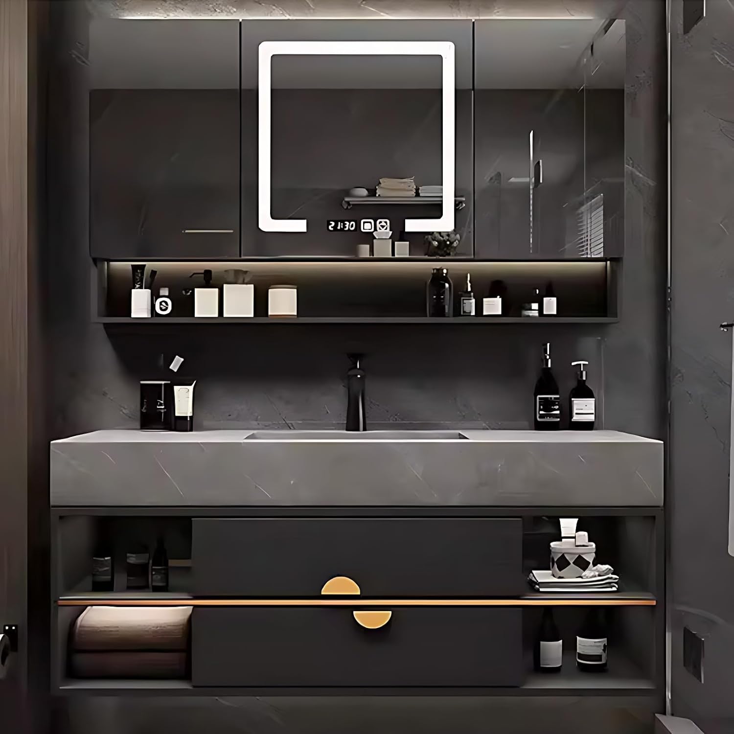 Bathroom Vanity - Floating Bathroom Vanity Set with Seamless Sink & Smart LED Defog Mirror Cabinet, Anti-Fog Technology & LED Light, Modern Sink with Multiple Storage (Grey,36IN)