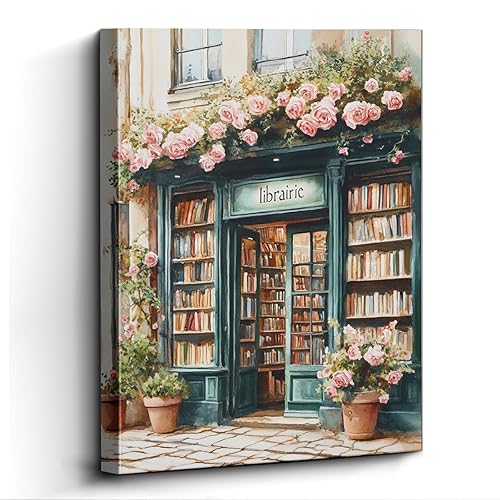 WOXZQ Pink Rose Covered French Bookshop Wall Art – French
