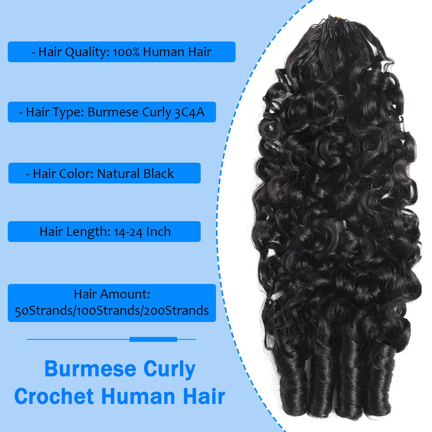 Burmese Curly Feather Crochet Human Hair Knotless Pre-Separated Burmese Curly Bundles Human Hair 3C4A Lightweight Reusable Remy Hair Extensions for Women Natural Black (1B-100G, 20 Inch)