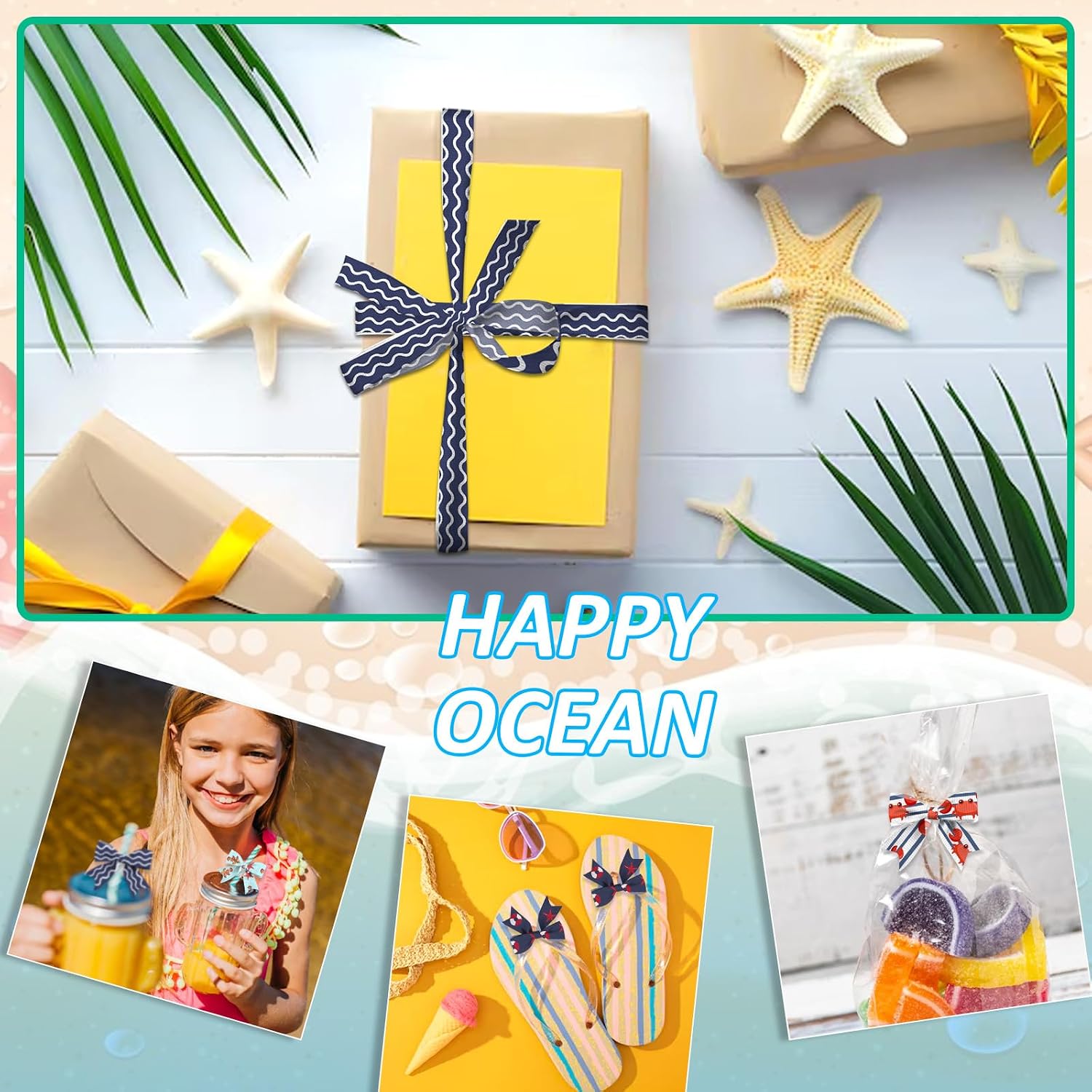 6 PCS Summer Ocean Themed Grosgrain Ribbons 3/8" Sea Animals Decor Ribbons 18 Yards, Sea Wave Starfish Craft Ribbons for Summer Party Favor Decoration Holiday Birthday Gift Packaging DIY Supplies