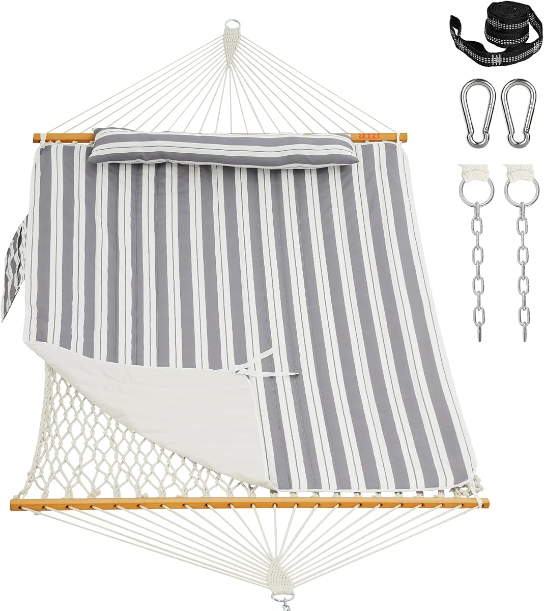 Lazy Daze Hamaca doble de cuerda tejida a mano con almohadilla y almohada para exteriores | Hamaca de 10,5 pies para 2 personas, con barra separadora, correas para árboles, mosquetones, cadenas para exteriores, patio trasero, capacidad de 450 libras
