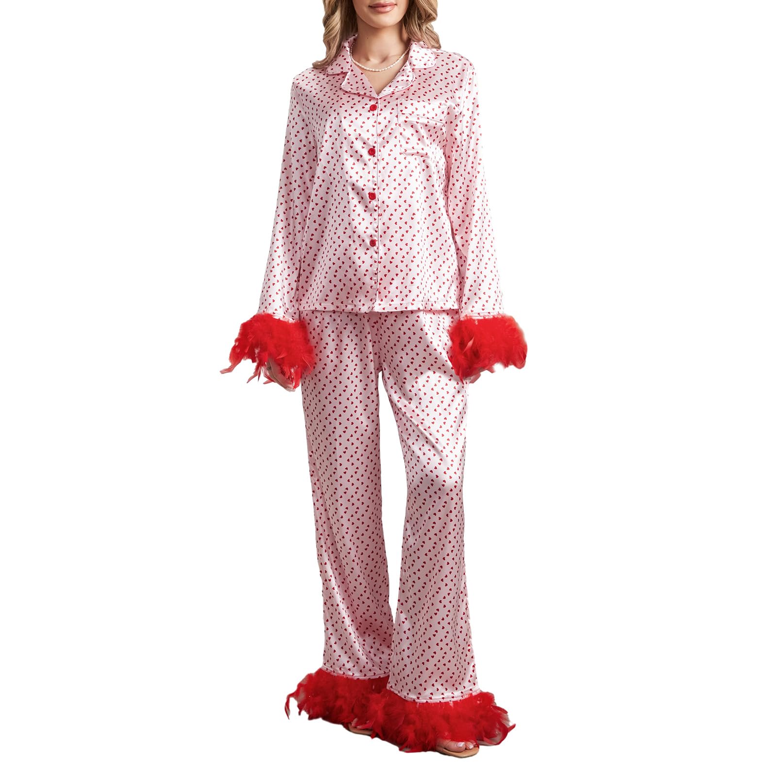 Womens Satin Christmas Pajama Sets Feather Trim Long Sleeve Button