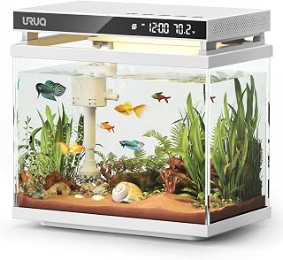 Fish Tank Smart Aquarium Kit: 2 Gallon UHD Glass Silent Water Pump Self Cleaning Multi-layer Filtration System - Temperature Sensing 7-color Lighting for Small Fish Betta Kids Room Desktop Decor White