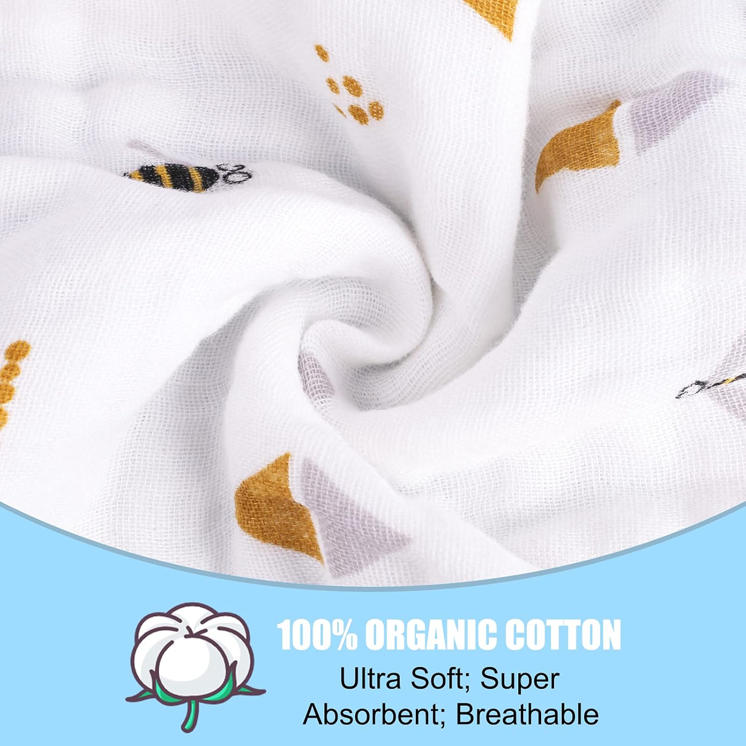 Muslin Baby Burp Cloths 10-Pack Super Absorbent Bee Burping Rugs 18 X 9 inches 6 Layers Washcloths Face Towels Premium Soft Natural for Sensitive Skin Baby 100% Organic Cotton : Baby