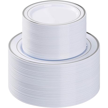 200PCS Exquisite Silver Plastic Plates Set for Your Momentous Wedding