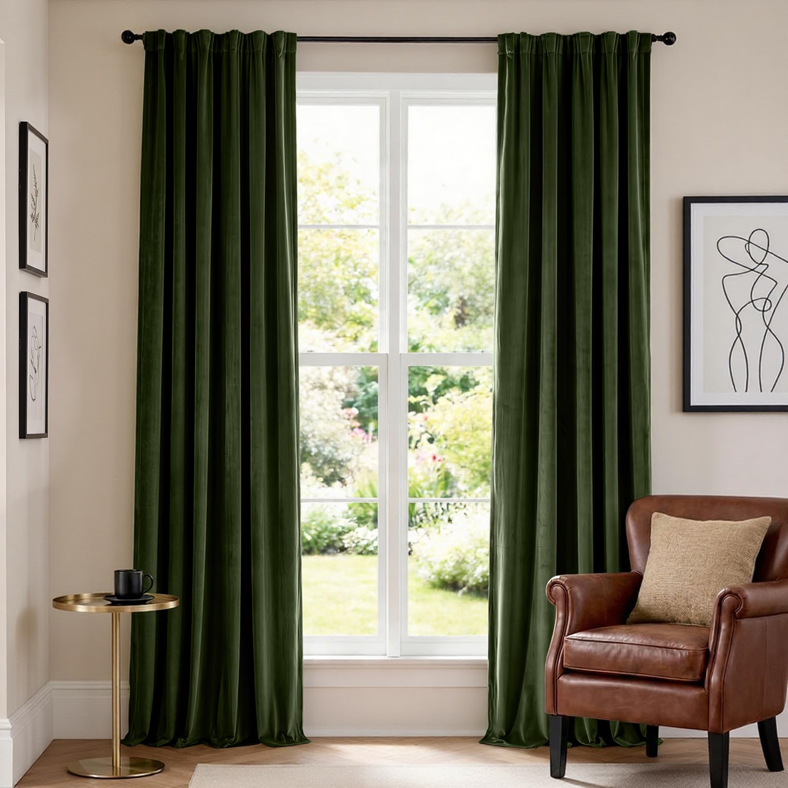 Lazzzy Green Velvet Curtain Thermal Insulated Blackout Curtains 90 Inch Long Drapes for Bedroom Living Room Darkening Black Out Window Treatments Rod Pocket, Set of 2, Moss Green — image 1