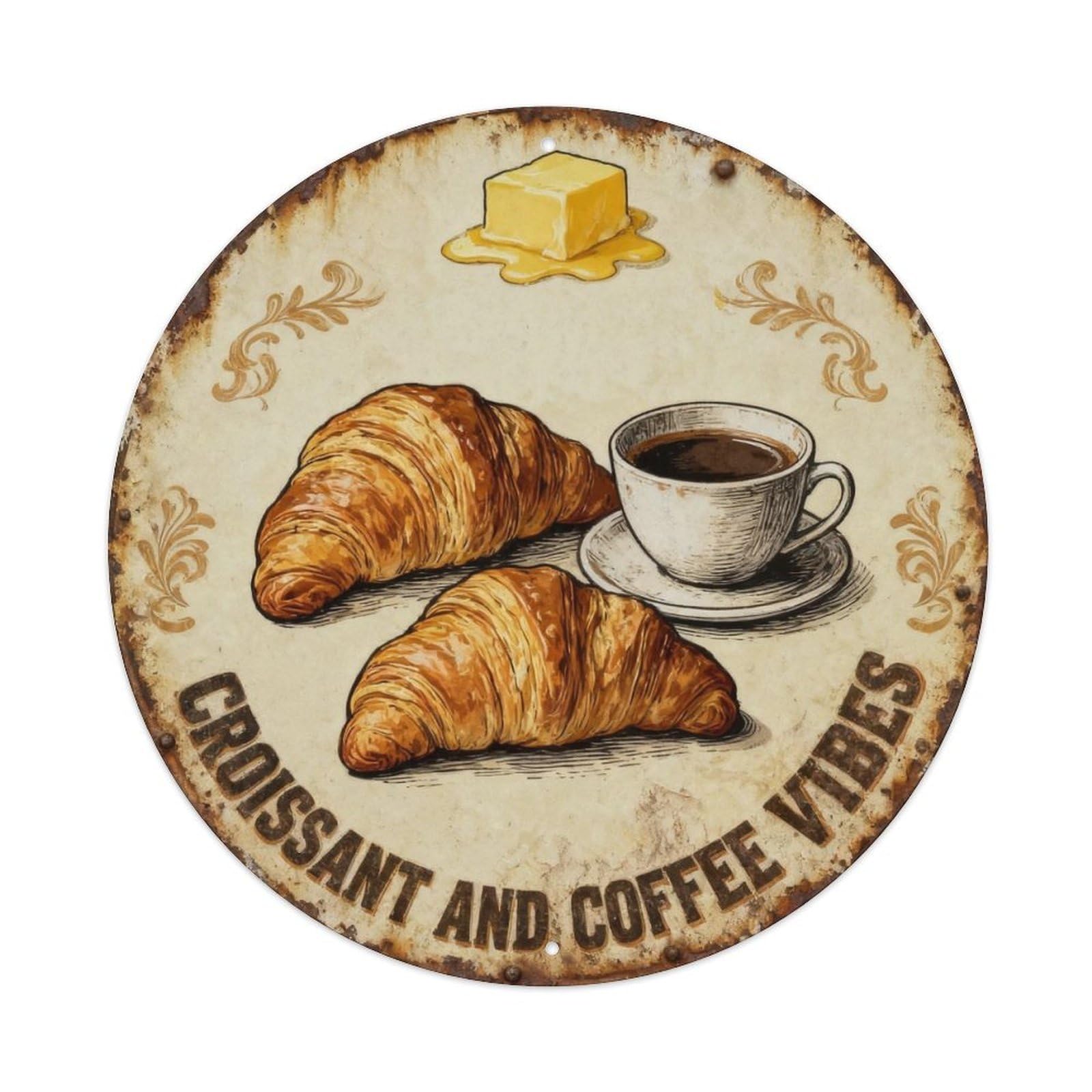 Croissant And Coffee Vibes Metal Tin Sign Plaque