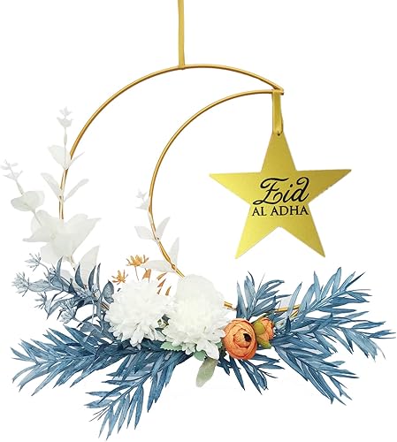 Decoraciones de coronas de Eid Al-adha Mubarak, coronas de media luna de metal Hajj Mubarak con estrellas, flores artificiales, puerta de guirnalda