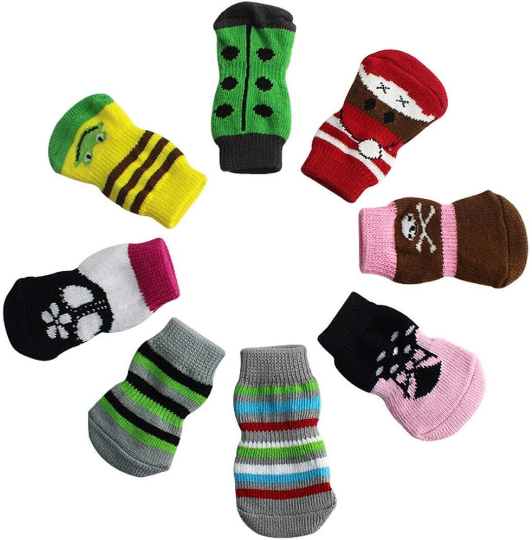 Hot Dog Socks! AMA(TM) 4PCS Cute Pet Puppy Small Dog Doggie Anti-slip Knit Weave Winter Warm Socks Shoes Booties Skid Bottom (L, Random)