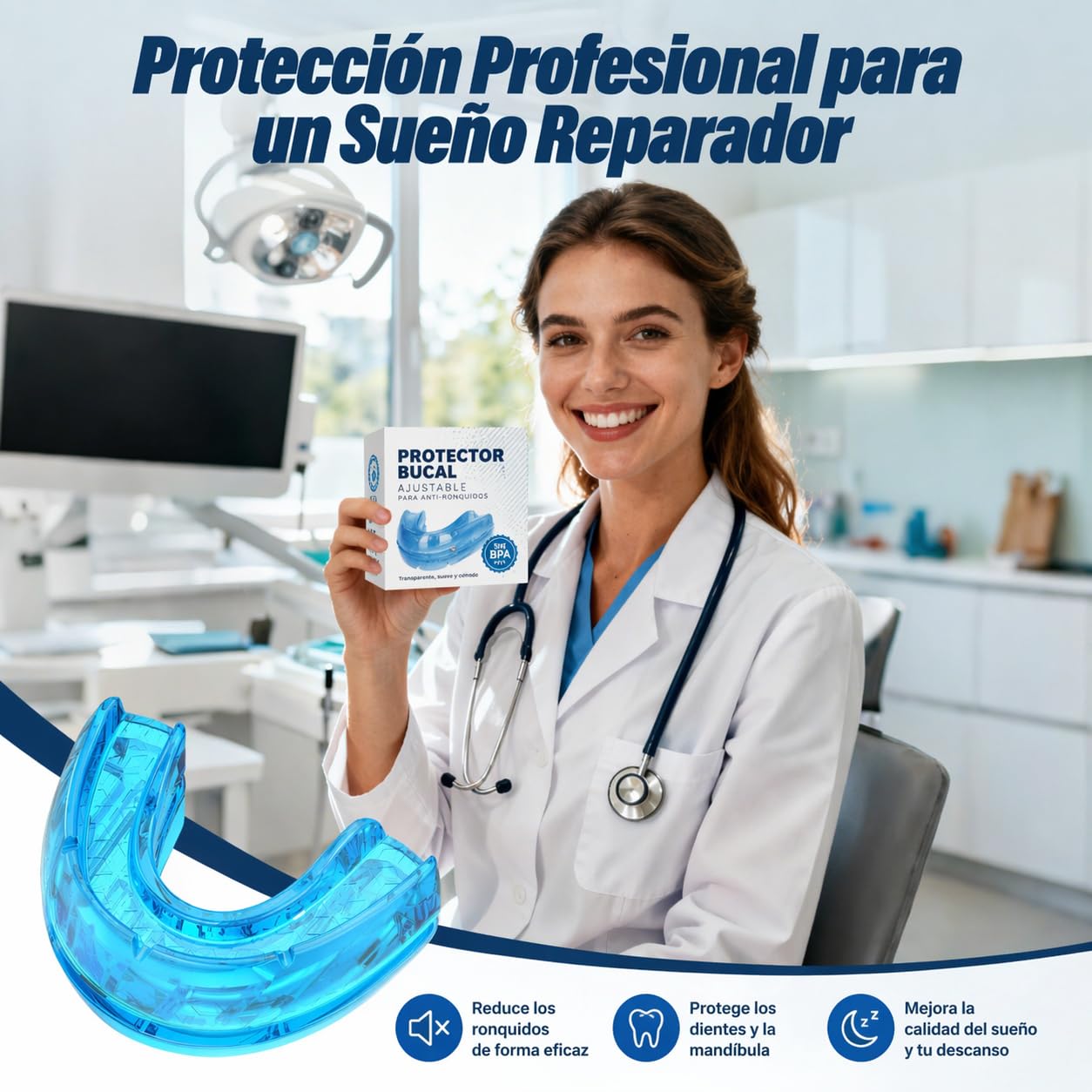 Dispositivo Antironquidos Ajustable – Férula Anti Ronquidos para Dormir, Diseño Cómodo para Uso Nocturno, Mejora del Descanso y Respiración, Bleu