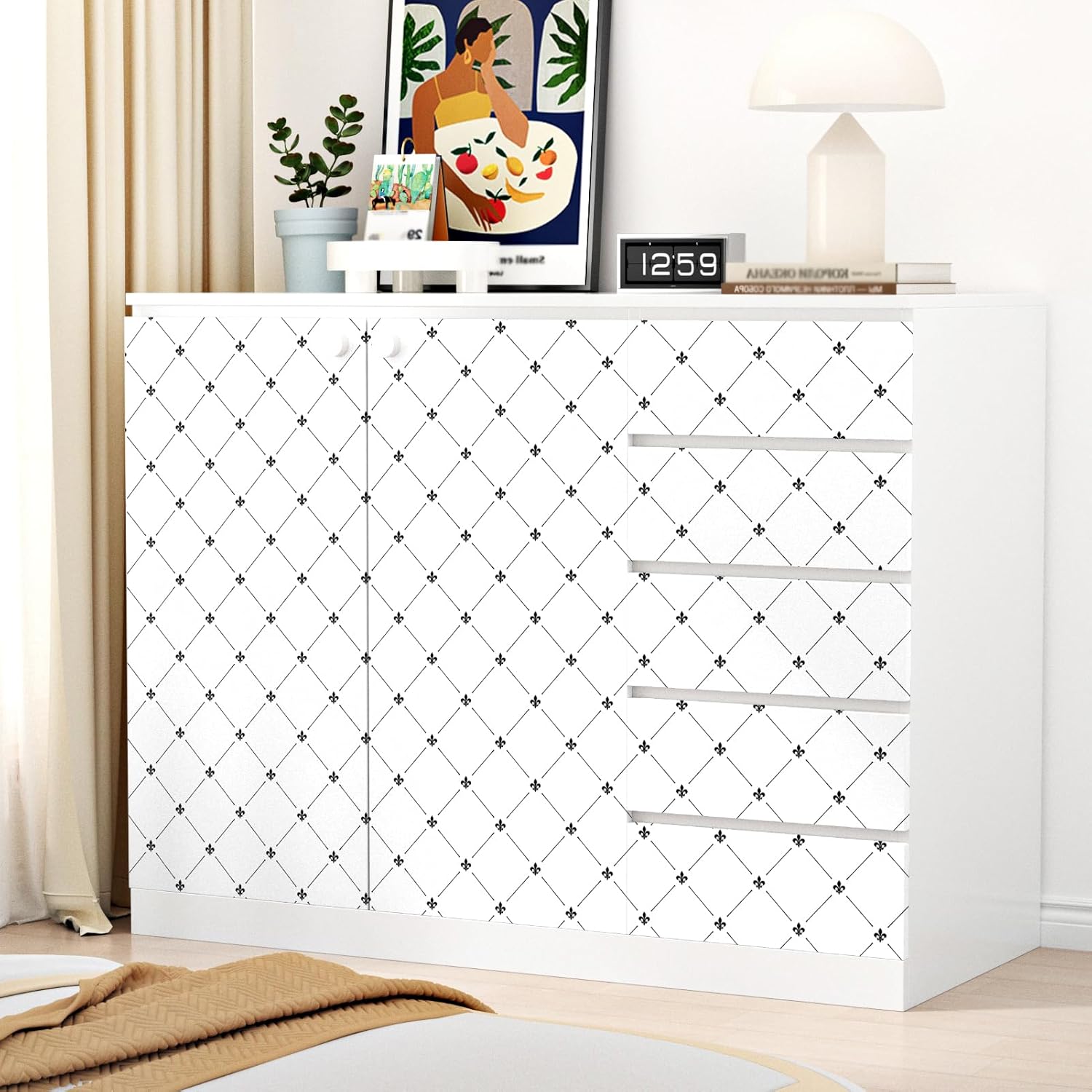Black White Peel and Stick Wallpaper Geometric Victorian Floral Contact Paper for Cabinets Liner 17.5"x102" Modern Self Adhesive Waterproof Wallpaper for Bedroom Living Room Walls