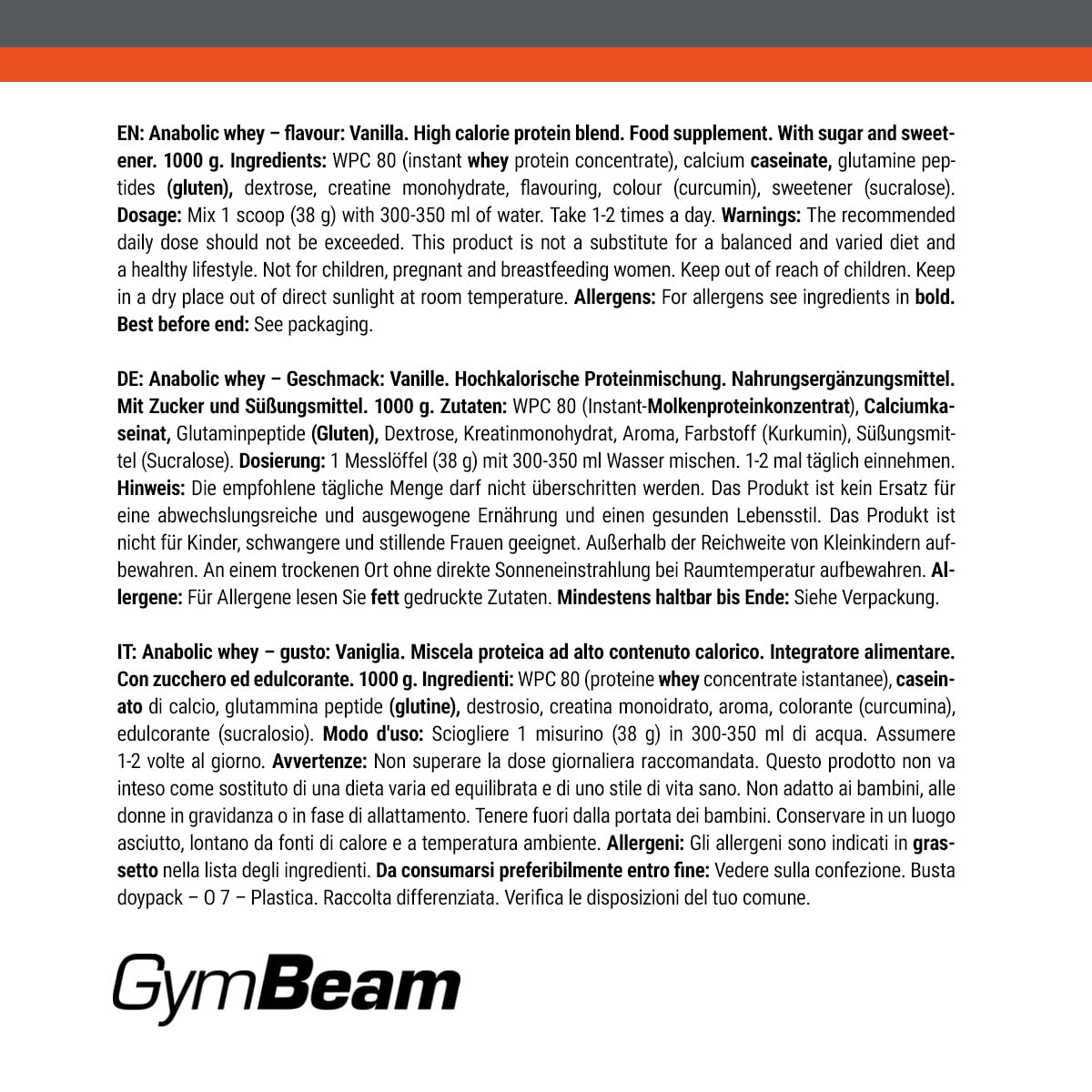GymBeam Anabolic Whey - Proteine in Polvere Multicomponente con Whey Protein, Arricchite con Creatina Monoidrato e Peptidi di Glutammina, con Aminoacidi Essenziali (1000 g, Vanilla)