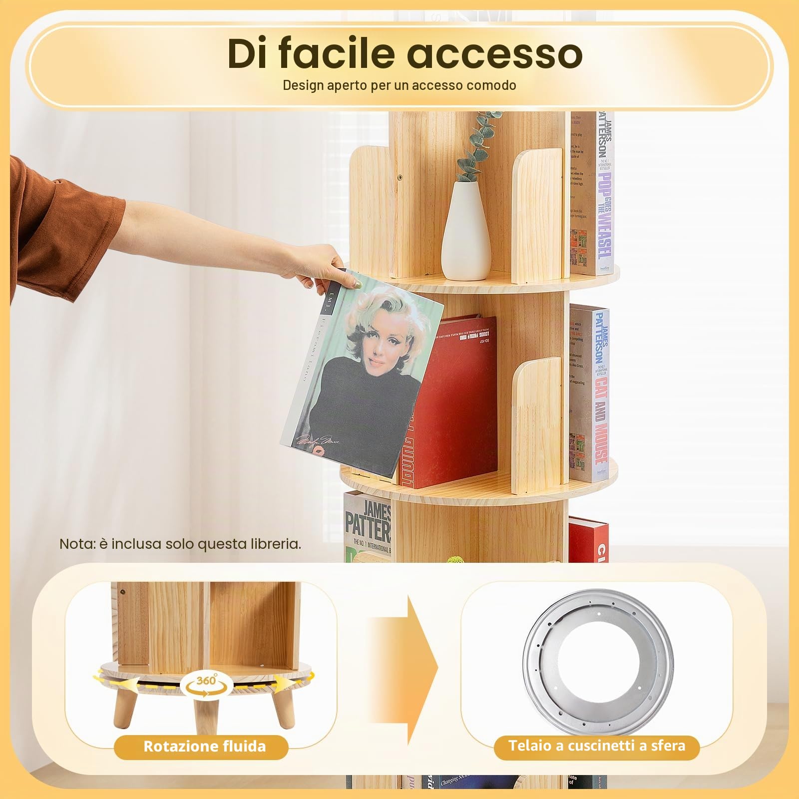 Libreria girevole, 6 ripiani, scaffale girevole in legno, grande spazio di archiviazione, design speciale, per riporre libri, souvenir, oggetti espositivi