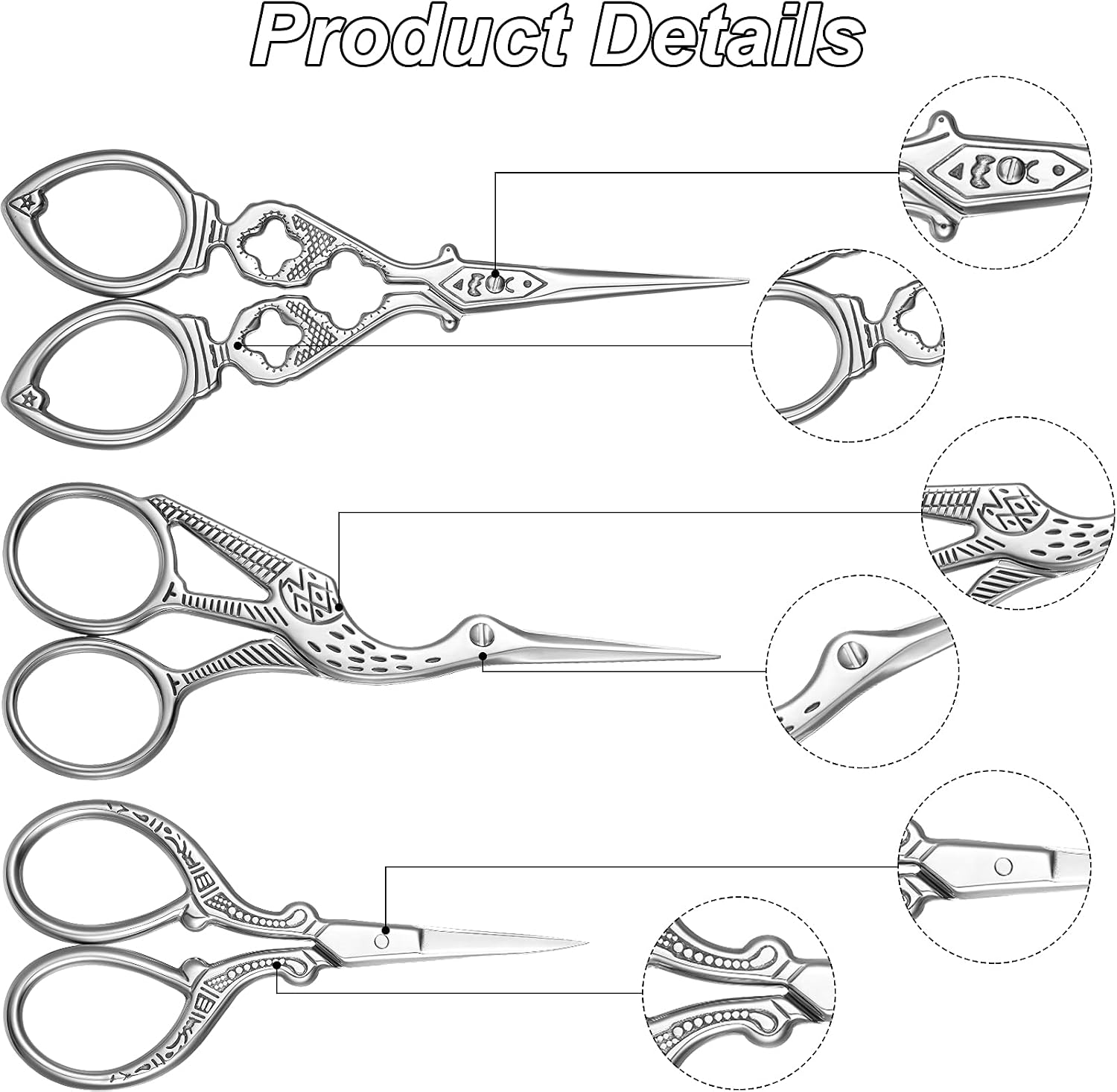 4 Pieces Stork Scissors Stainless Steel Tip Classic Stork Scissors Crane Scissors Sewing Scissors Tailor Scissors Dressmaker Shears for Embroidery, Craft, Needle Work, Art Work (Silver Color)