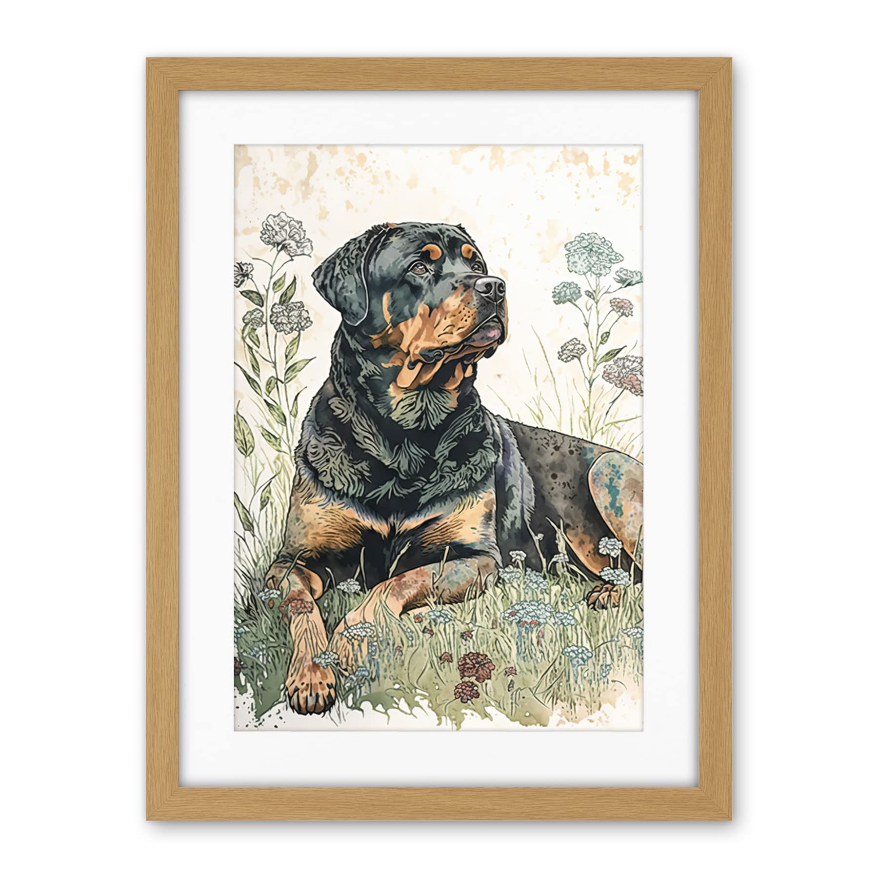 Artery8 Rottweiler Dog Lying in Wildflowers Bright Watercolour Illustration Artwork Framed Wall Art Print 18X24 Inch