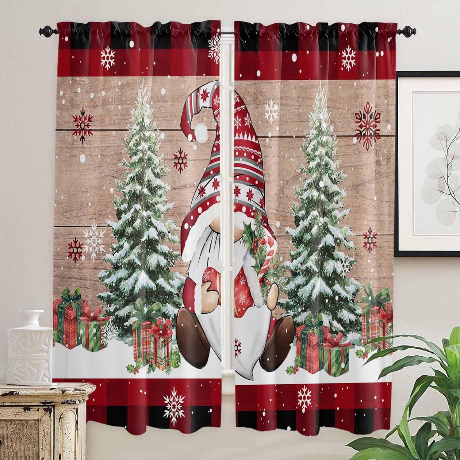 Brown Wooden Gnomes Christmas Window Curtains 72 Inch Long 2 Panel Set, Rod Pocket Long Curtains & Drapes, Xmas Tree Snowflakes Light Filtering Window Treatment for Bedroom Living Room 52"W x 72"L