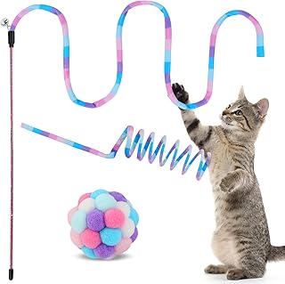 TUSATIY Cat Toys 3Pack, Cat Wand Toy Cat Fuzzy Balls with Bells &Cat Springs, Rainbow Color Interactive Cat Toys for Indoor Cats Kittens (Rainbow-Purple)