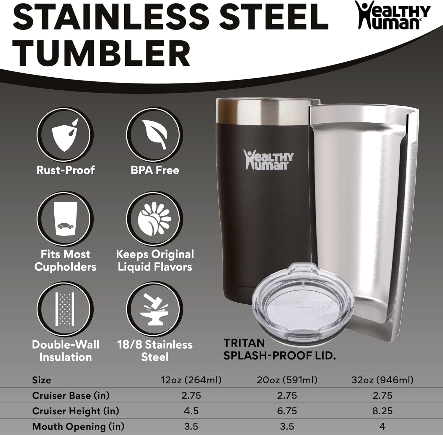 Healthy Human Stainless Steel Tumbler with Straw & Lid | Splash Proof Insulated Travel Cup | Eco-Friendly Coffee Tumblers | Water Cups with Straws Cleaner and Splash Proof Lids (20oz, Pure Black) - Image 2