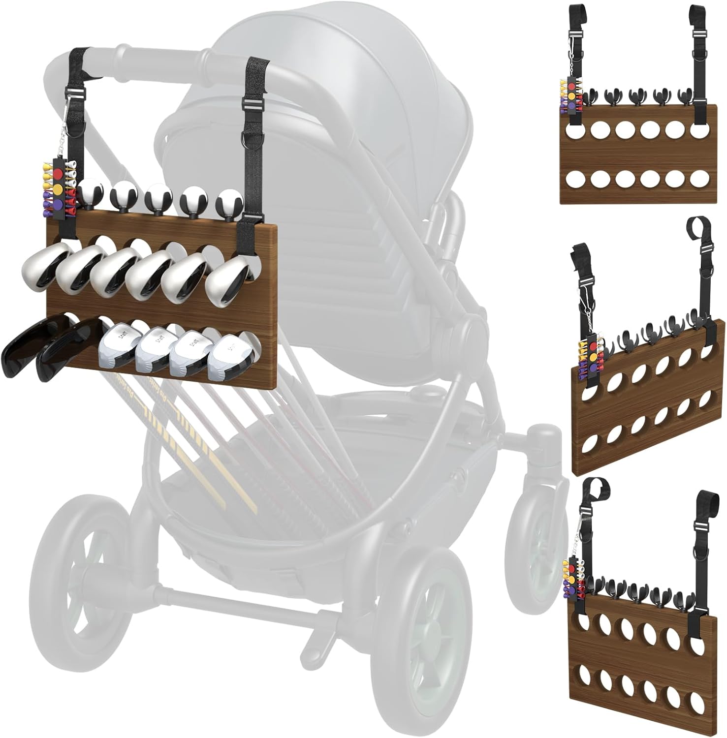 Golf Stroller Attachment – Universal Golf Club Holder for Strollers, Acacia Wood, 12 Slots, 5 Ball Holders & Removable Tee Case – Portable, Easy Setup, Gift for Golf-Loving Parents