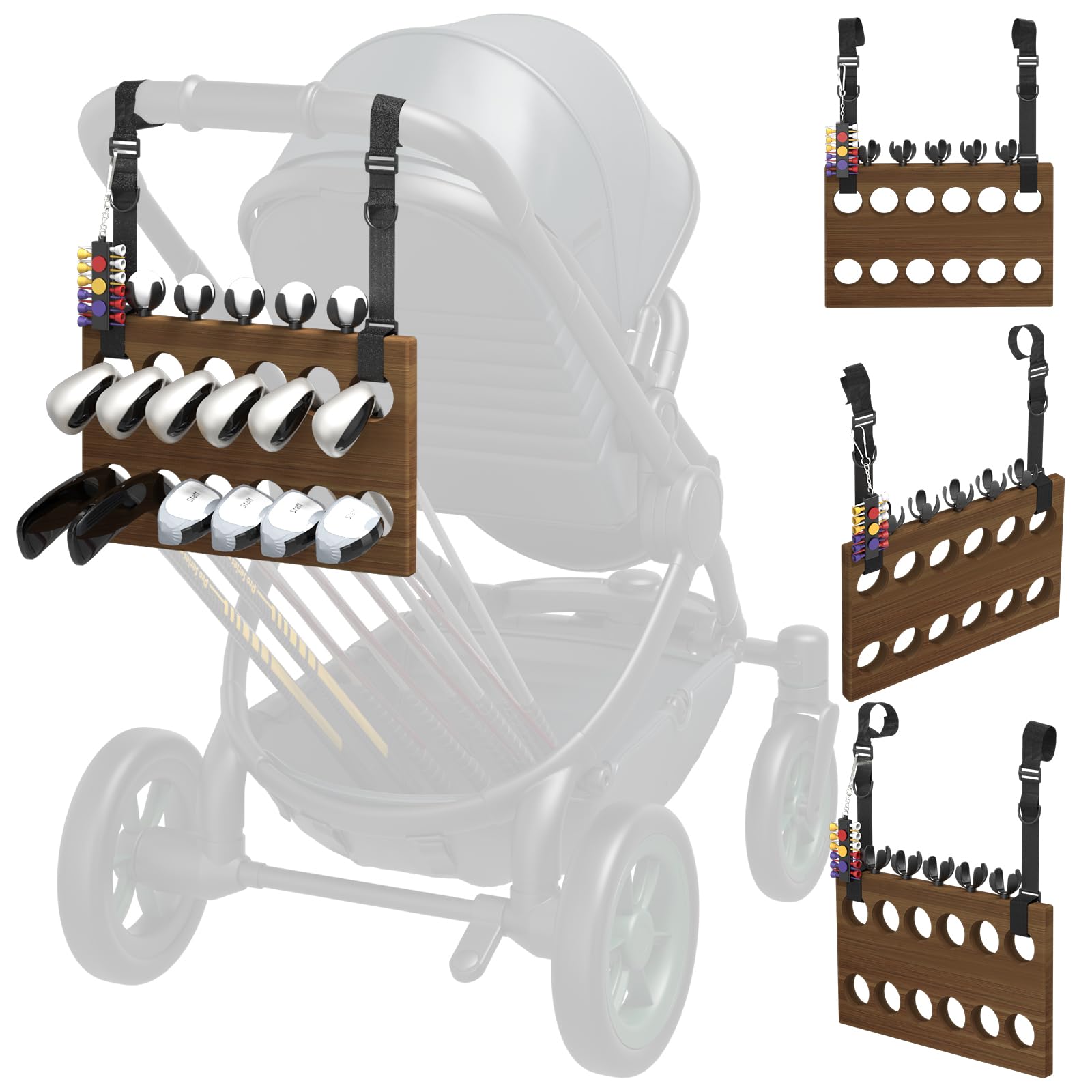 JOXPRING Golf Stroller Attachment – Universal Golf Club Holder for Strollers, Acacia Wood, 12 Slots, 5 Ball Holders & Removable Tee Case – Portable,