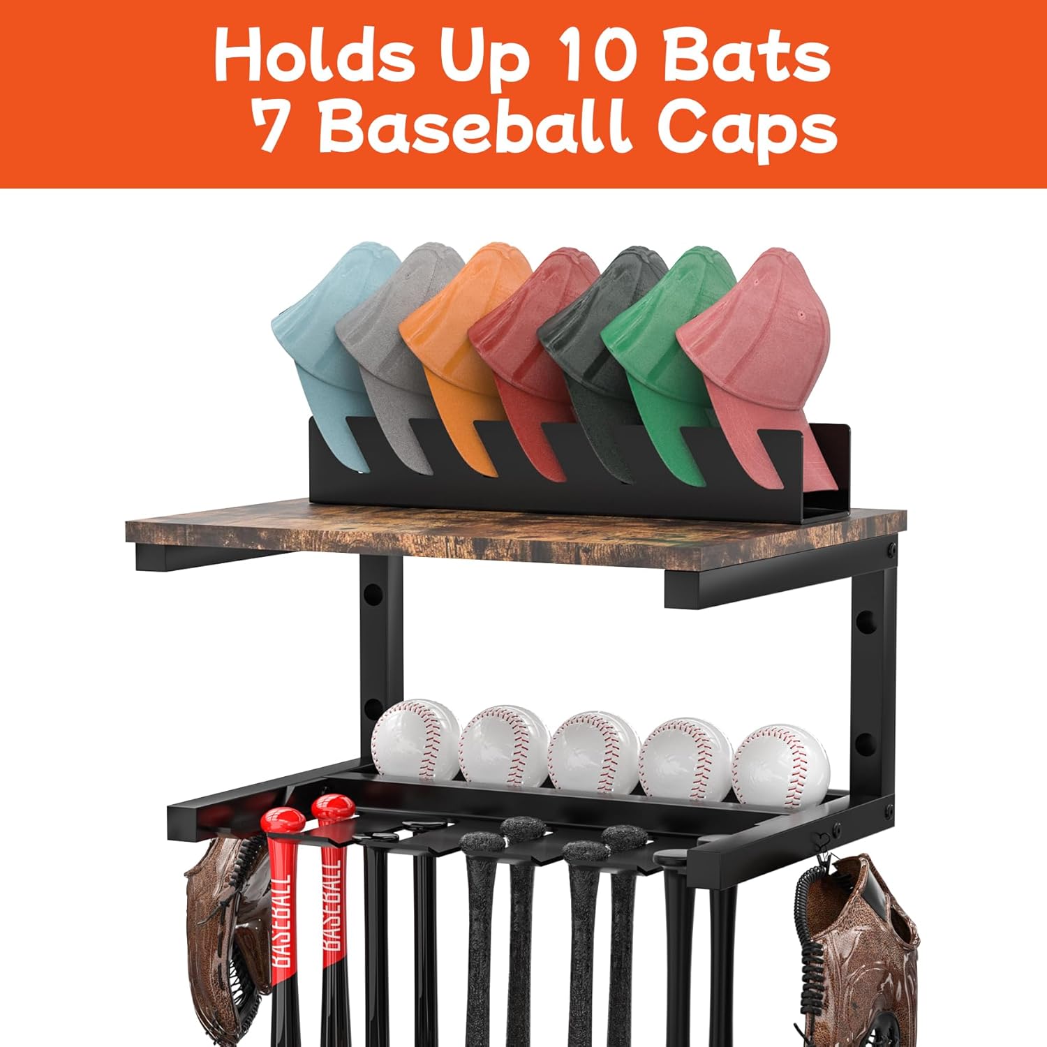Wall Mount Baseball Bat Rack,hat stand hat stand for baseball caps hat rack stand, 10-Bat Metal Storage Holder, 5 Prongs, Black (Black（Bat&caps hat）)