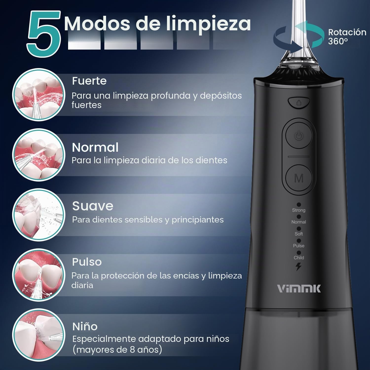 Irrigador bucal inalámbrico limpiador dental eléctrico, Vimmk Dental Water Flosser 5 modos y 8 boquillas USB-C recargable agua Flosser IPX7 resistente al agua, tanque de agua de 300 ml, limpiador de
