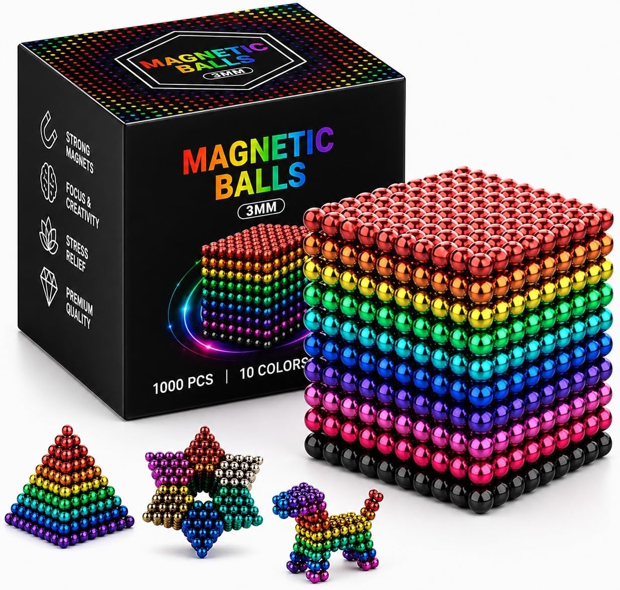 Rainbow Magnetic Balls Building 1000PCS Set, Creative DIY Assembly Set, Stress Relief Fidget Toys for Adults Only, Focus Enhancement & Modern Desk Decor for Home and Office