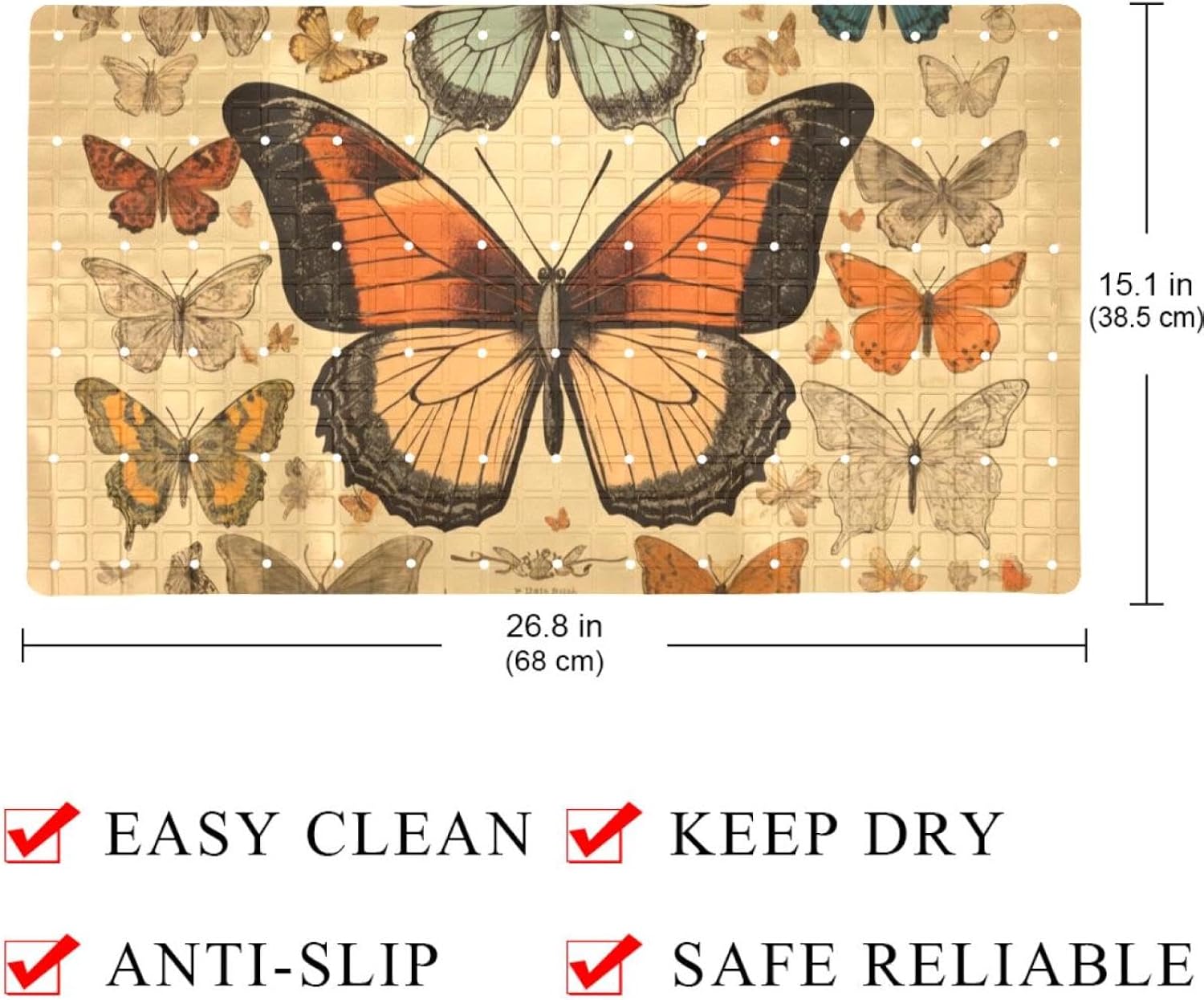Retro Butterflies Poster Bath Tub and Shower Mats, Non Slip Bathmat with Drain Holes and Suction Cups for Bathroom Floor, 15.1 x 26.8 Inch