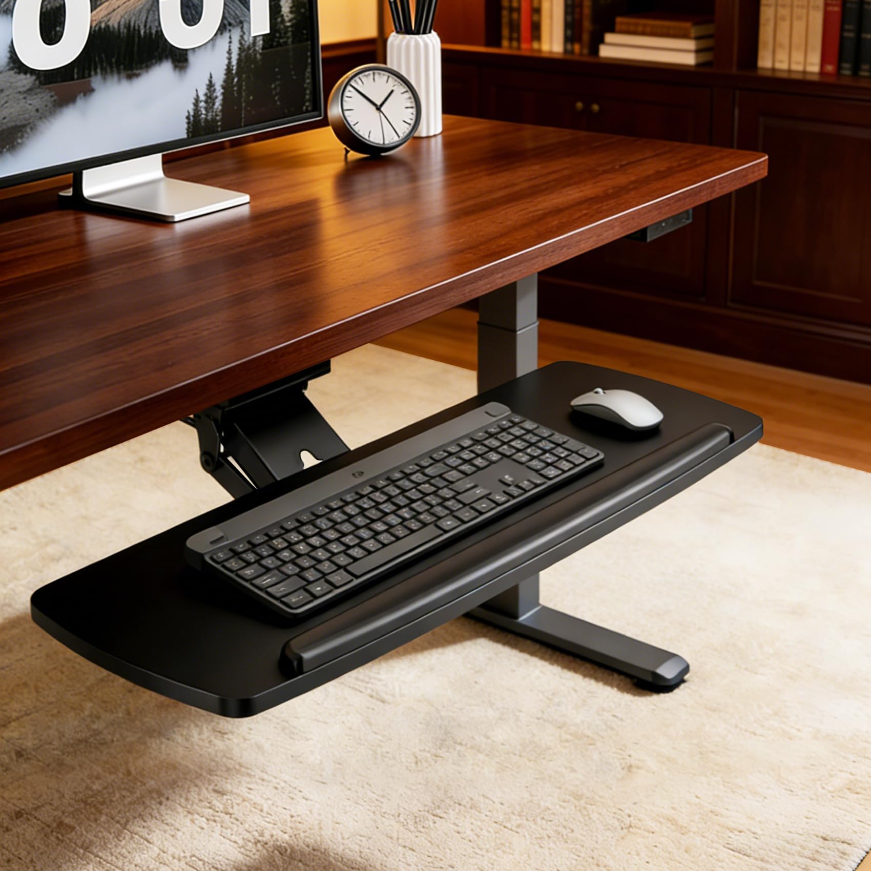 Keyboard-Ablage unter Tisch mit Schublade, höhenverstellbar, ausziehbar, 360° schwenk- und neigbar, ergonomische Unter-Tisch-Montage für Tastatur & Maus, geeignet für Gaming & Home Office, 28'' x 11''