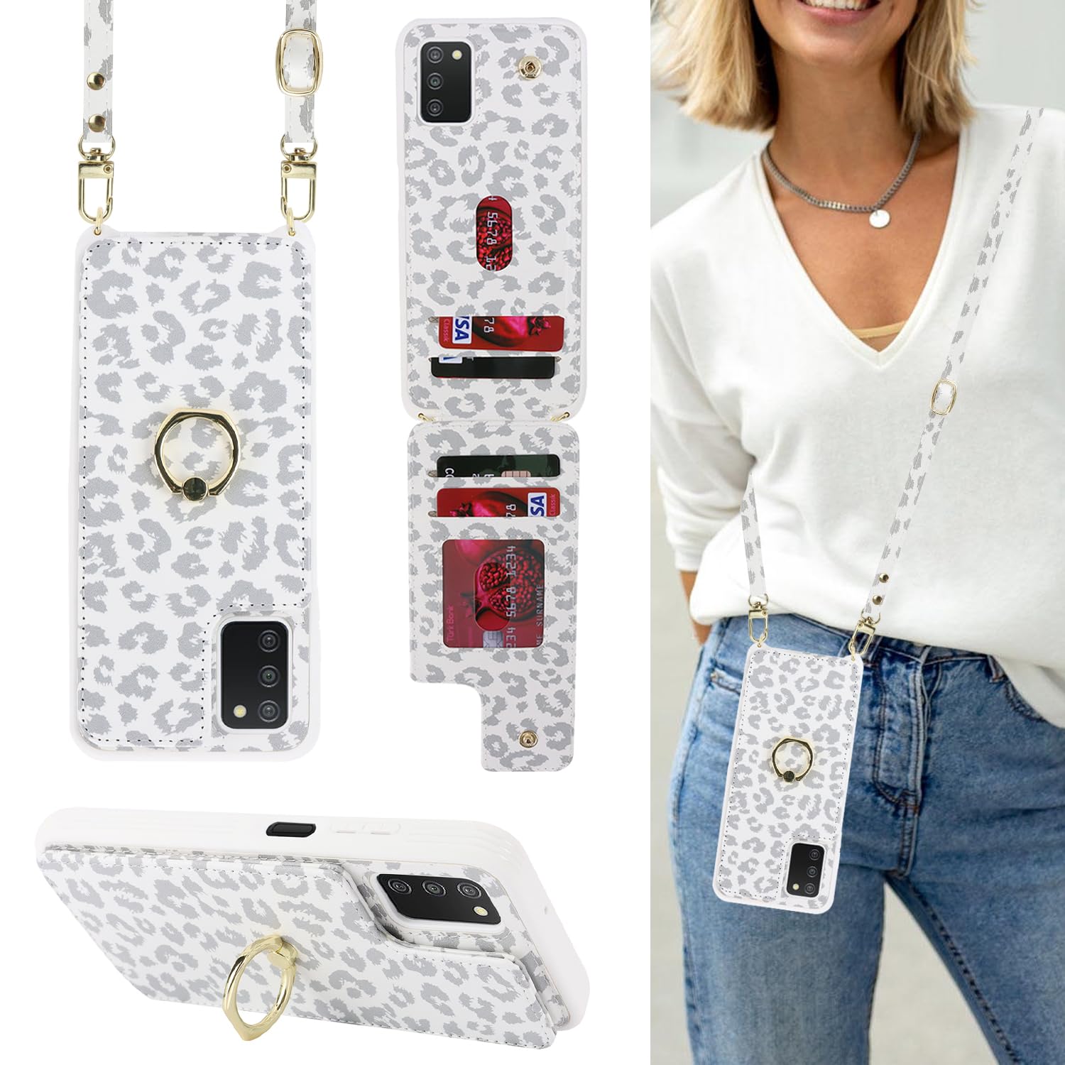 Lipvina for Samsung Galaxy A03s Case with Strap,White Leopard