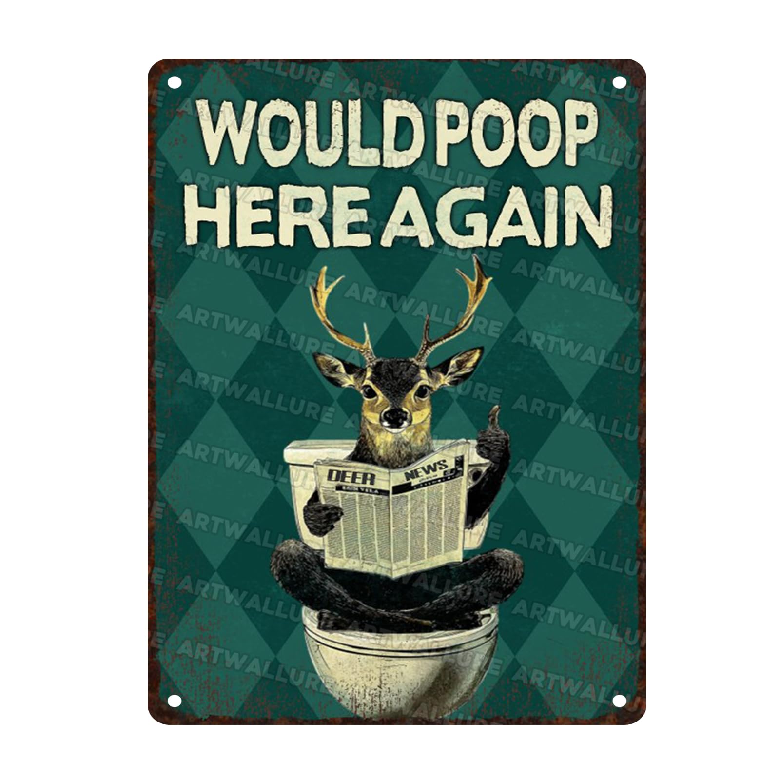 Funny Deer Vintage Sign Would Poop Here Again Metal Sign for Bathroom Home Wall Toilet Restroom Decor 12x16inch