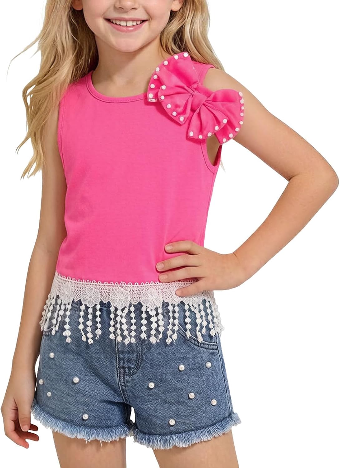 Girls Bowknot Tassel Hem Tank Top and Pearl Decor Jean Shorts Set Summer Two Piece Outfits for 2-8 Years