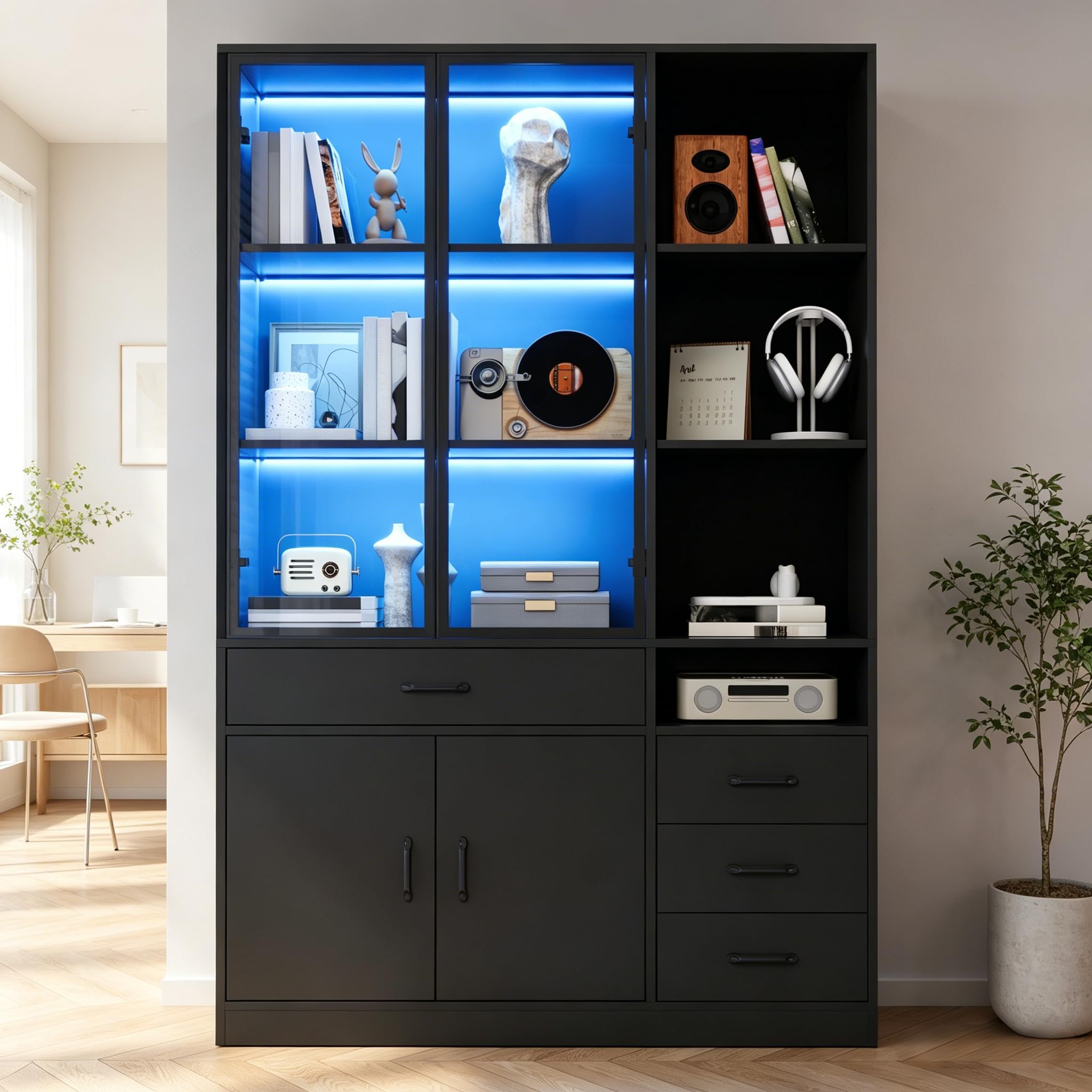 Armario alto con vitrina de cristal y LED, 120 x 35 x 200 cm, estantería con 13 zonas de almacenamiento, 4 cajones y puertas, vitrinas, armarios, para comedor y salón (negro)