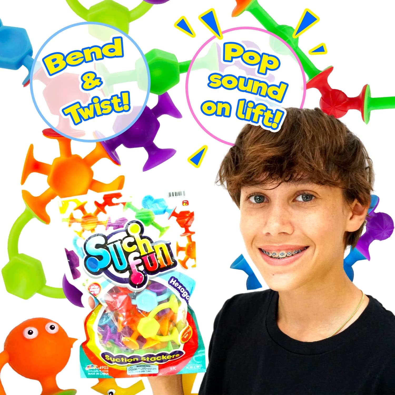 JA-RU Suction Stackers Suction Cup Toys (1 Pack, 9 Pieces) Hexagonal Shape, Ball Joints & Creatures Suction Bath Toys for Kids. Building Game. Sensory Bin Filler Stress Relief Toys. 4903-1