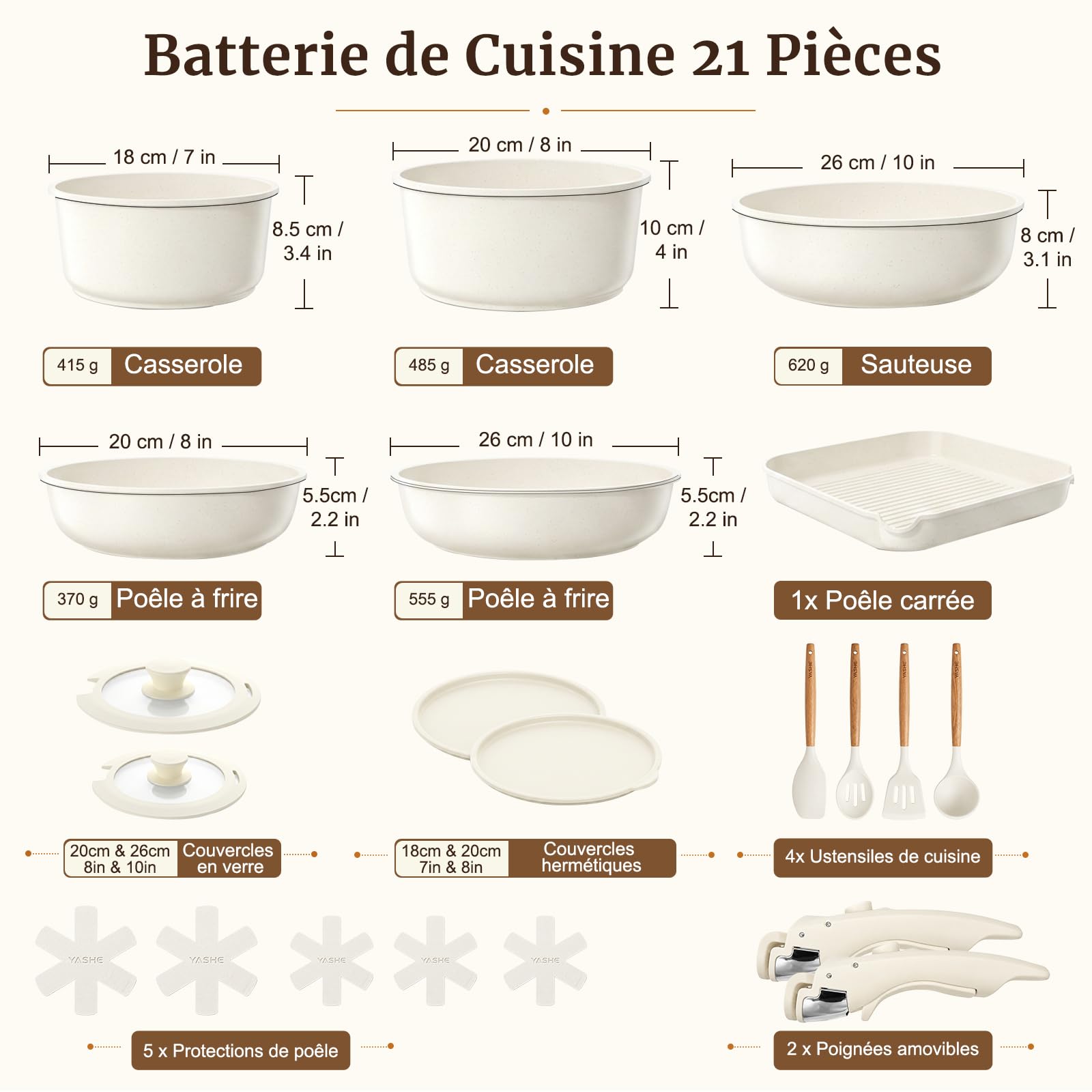 YASHE Batterie de cuisine 21 pièces, non toxique, sans PTFE ni PFAS | Non Toxique Set de Poêles et Casseroles en Granit, Compatibles Induction et Four, Empilable Gain de Place