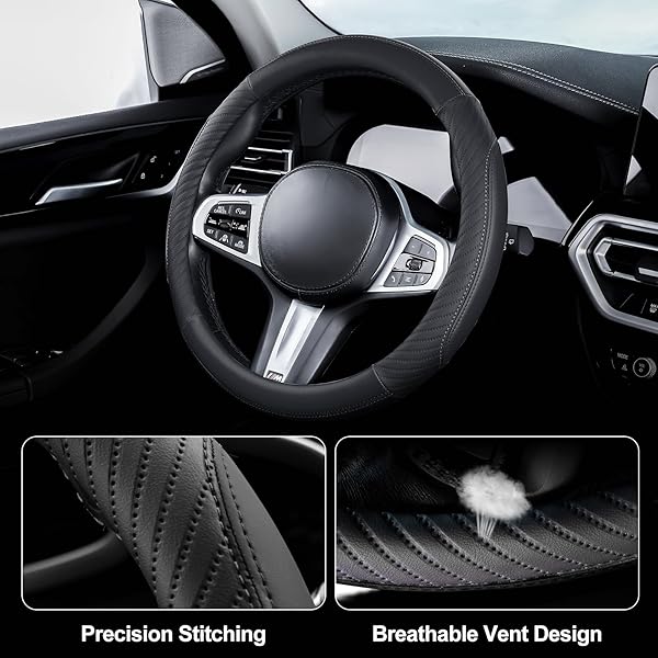 Car Steering Wheel Cover Leather - Soft Microfiber Steering Wheel Cover Universal Size M 37-38cm /14.5-15inch, Anti-slip, Breathable, Black - 5