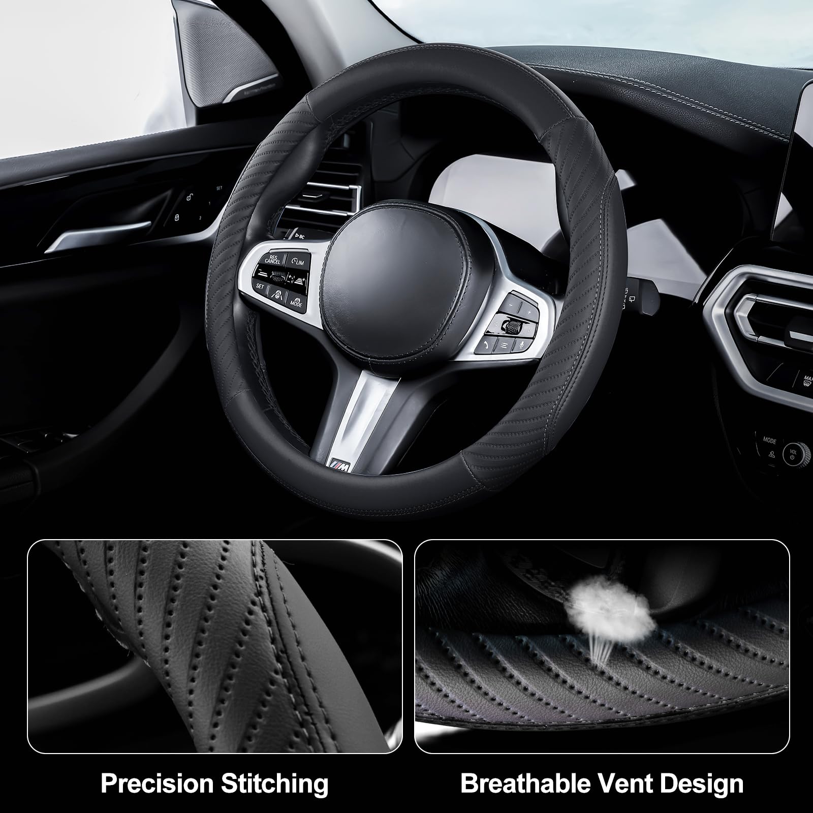Car Steering Wheel Cover Leather - Soft Microfiber Steering Wheel Cover Universal Size M 37-38cm /14.5-15inch, Anti-slip, Breathable, Black — view 5