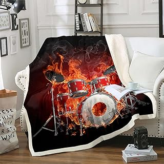 Drum Kit Throw Blanket Flame Drum Kit Print Bed Throws for Kids Boys Teens Musical Instrument Theme Flannel Fleece Blanket for Couch Sofa Soft Polyester Fuzzy Blanket, Throw Size (50 x 60 Inches)