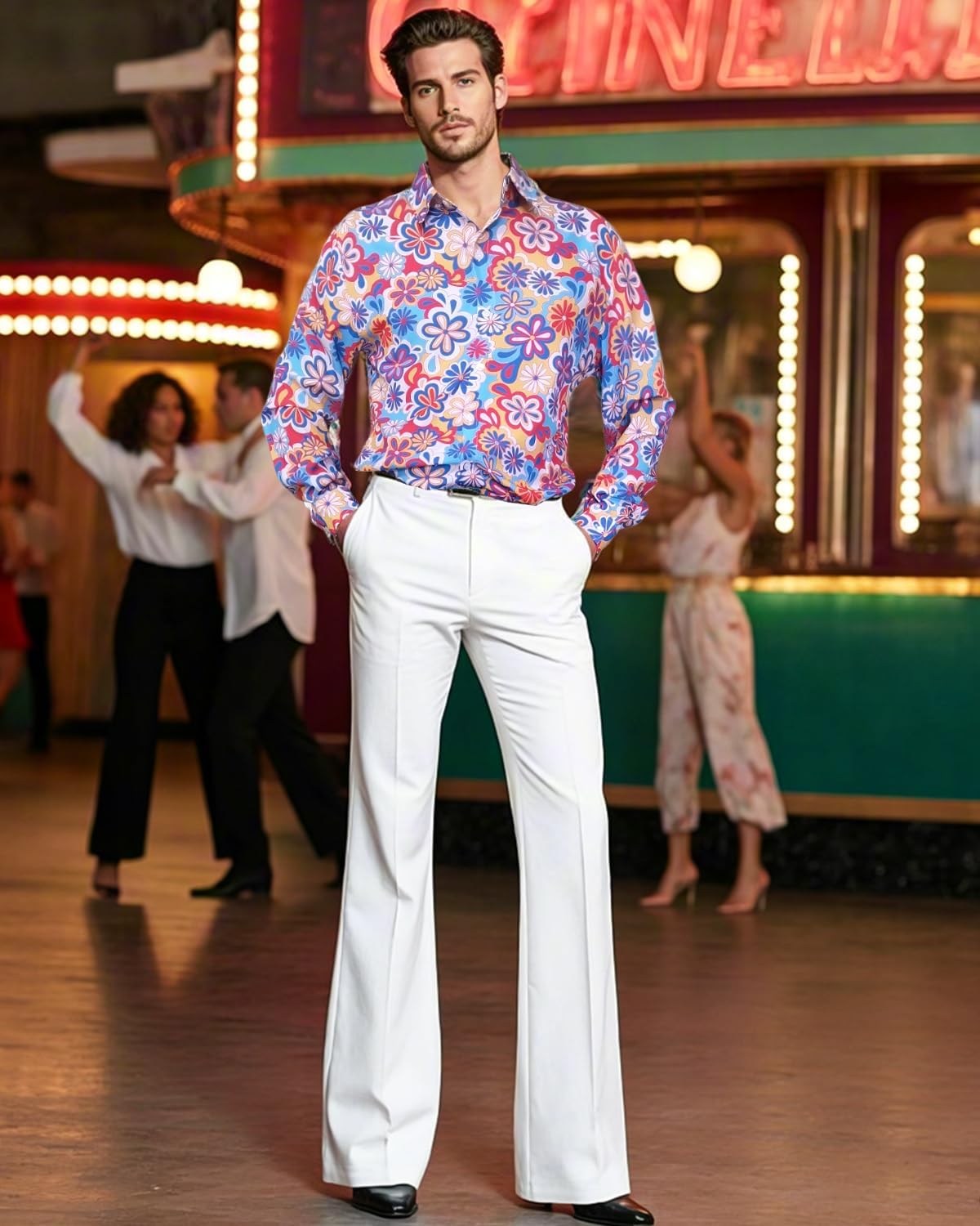 70s Disco Outfits for Men 70's Retro Clothes Shirt Bell Bottom Pants Vintage Hip Hop Costume with Wig Accessories - Image 6