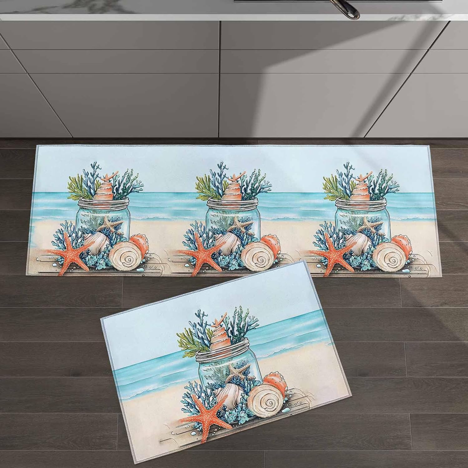 2 Pieces Kitchen Rugs and Mats,Summer Beach Starfish Coral Conch Area Runner Rug Set Non Slip Floor Doormat Washable Carpet Standing Mat for Kitchen Sink Indoor Corridor,Marine Life in Glass Bottle
