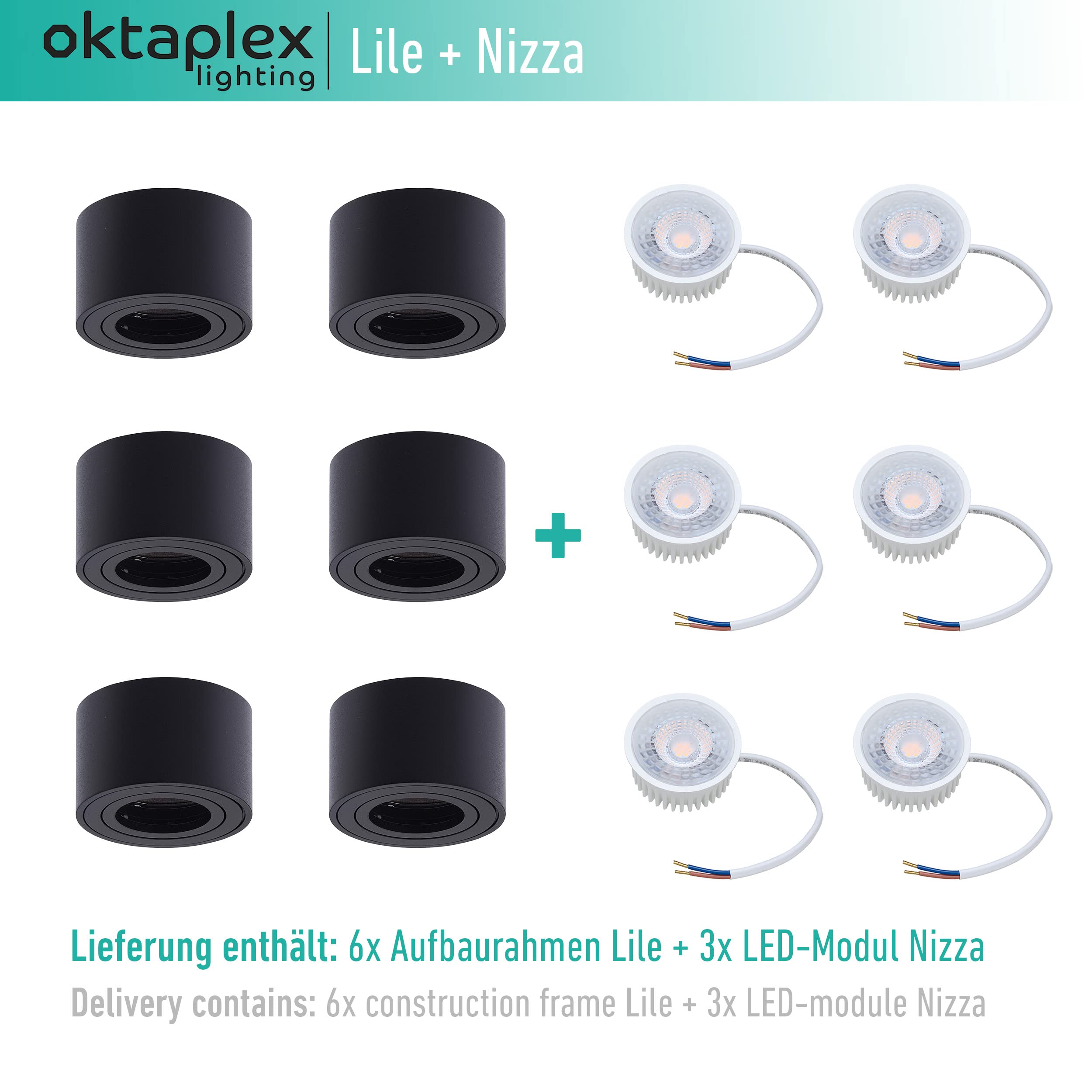 Oktaplex 6 Stück LED Aufbauspot Lile Schwarz 3-stufig dimmbar 4,8W 380lm