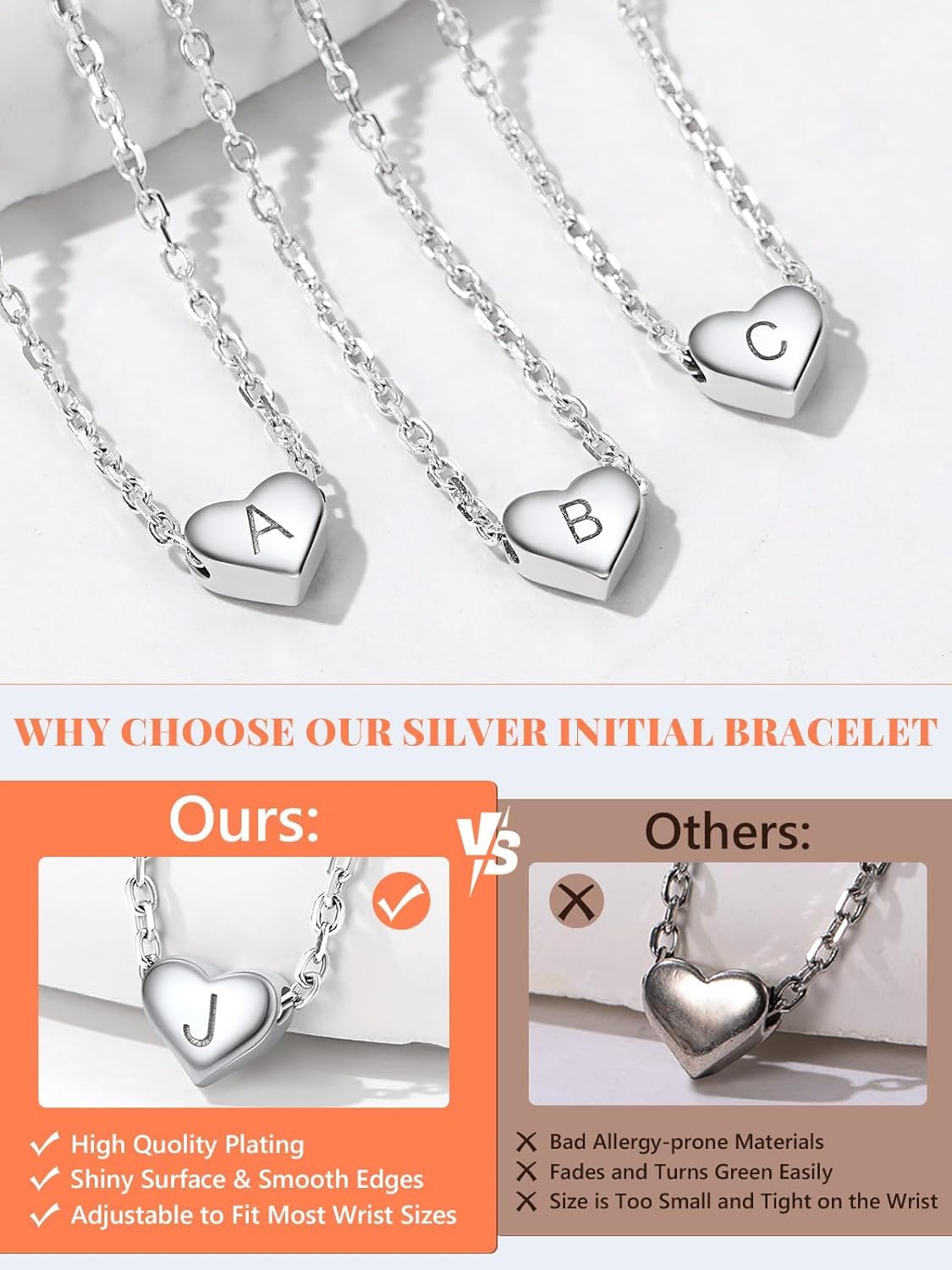 Sterling Silver Heart Letter Bracelets Silver Initial 18K White Gold Plated Bracelet Initial Charm 18K White Gold Plated Dainty Bracelet Jewelry Women Teen Couples Girlfriend - Image 8