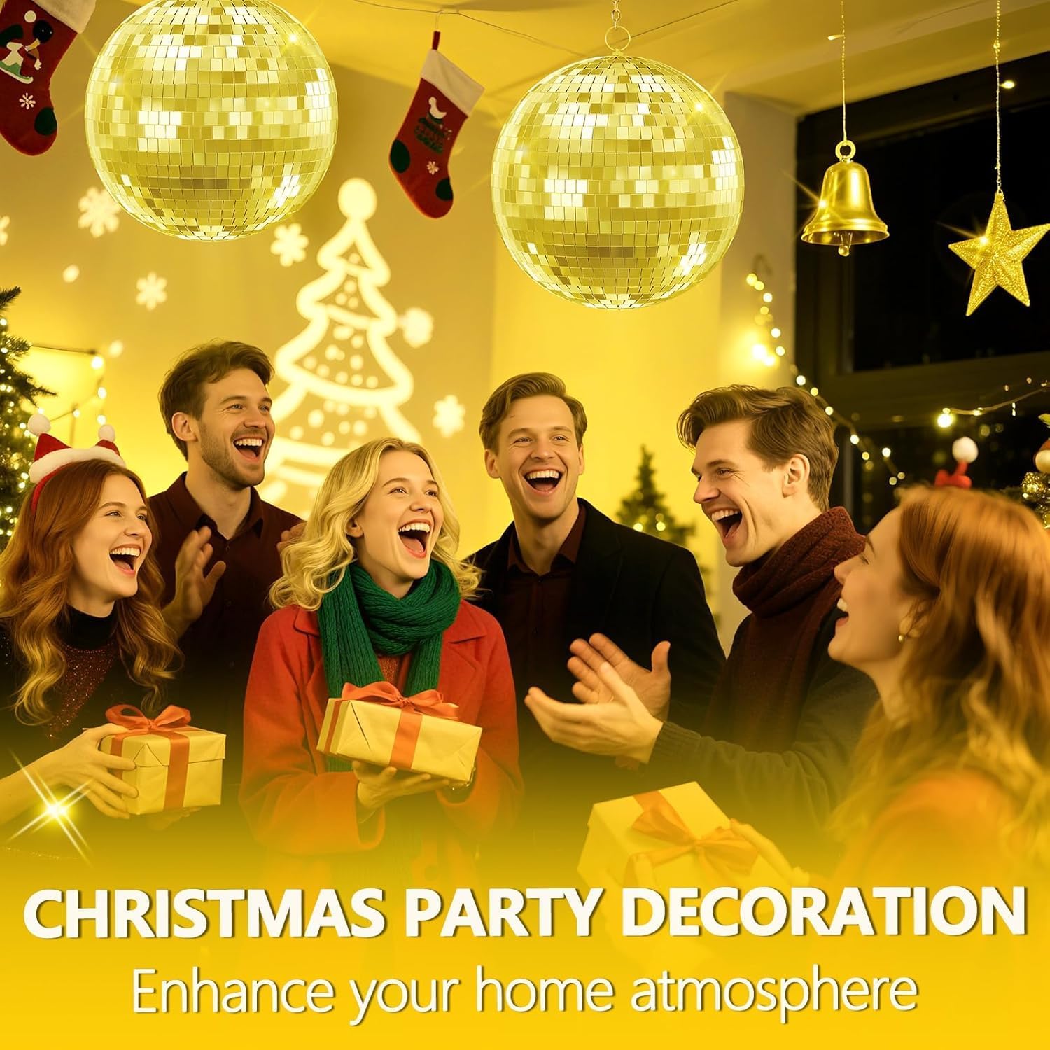 Disco Ball Decor, Hanging Disco Mirror Ball for Party Decoration Wedding Home, Decor Ornaments with Hanging Ring for DJ Club Stage Bar Wedding (Golden, 12inch)