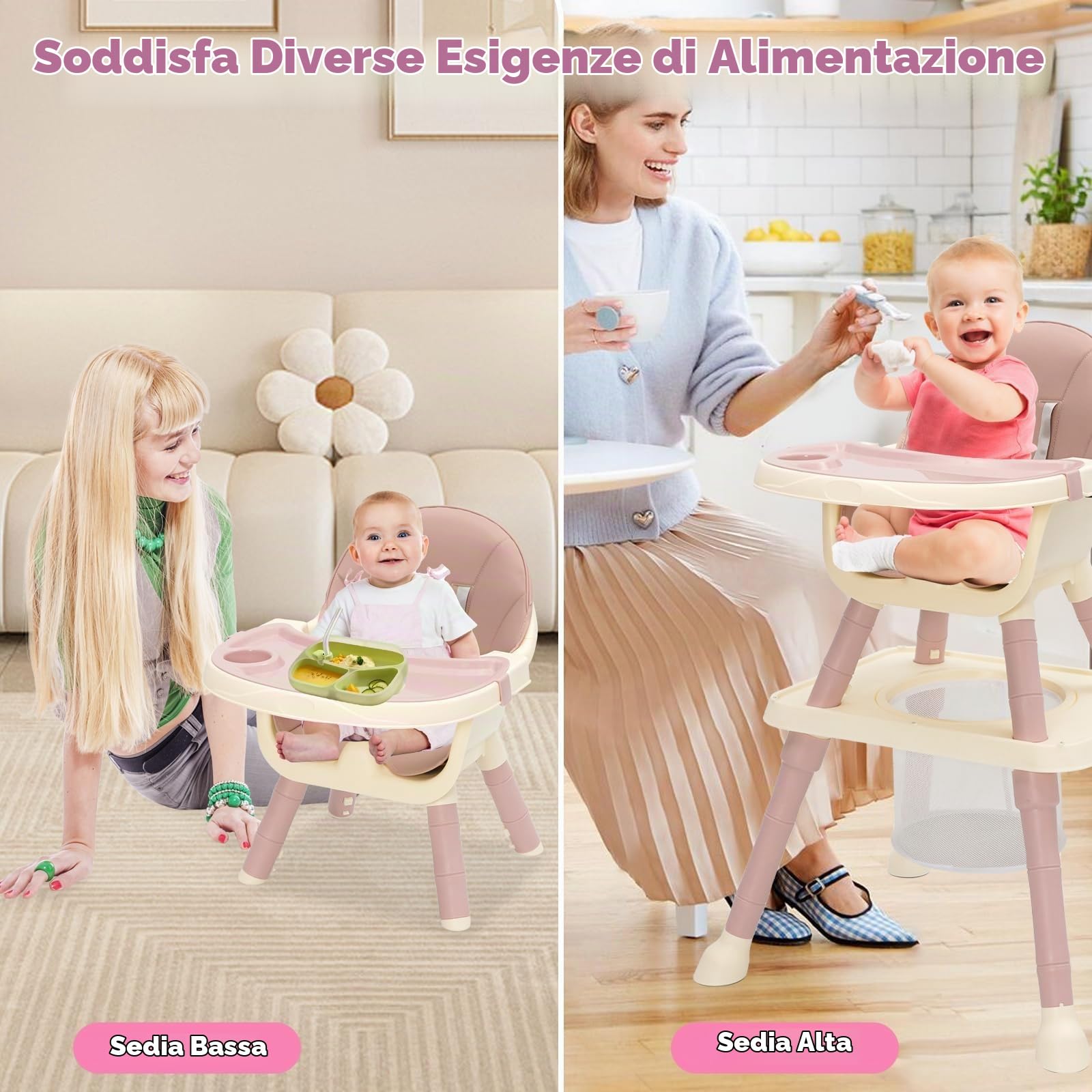 Seggiolone Pappa 7 in 1 con Piatto Cena Smontabile, Cestino Cintura Vassoio Rimovibile Seggiolone Evolutivo Pappa per Bambini da 6 Mesi Fino a 6 Anni (Rosa)