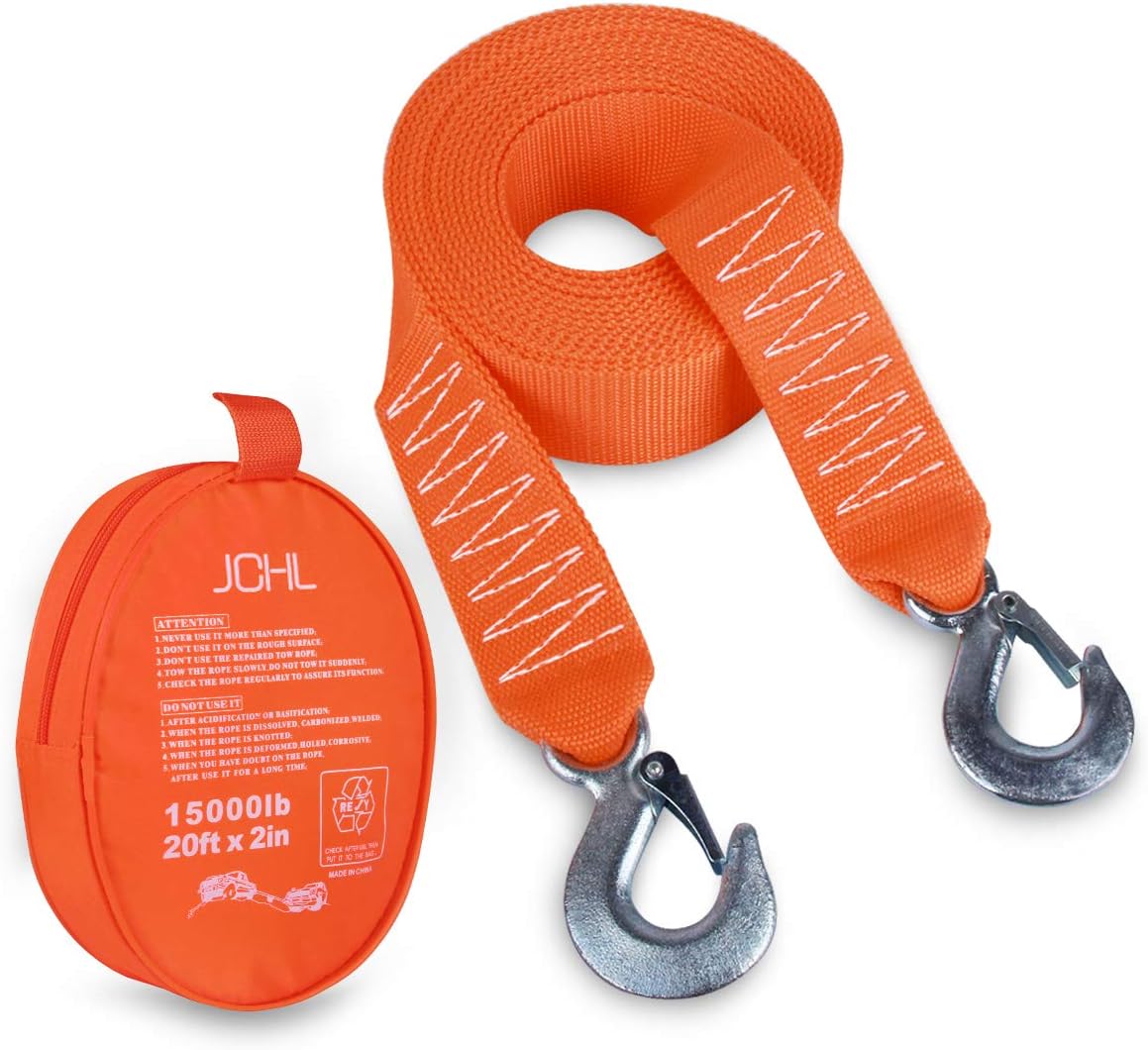 Tow Strap Heavy Duty with Hooks 2”x20’ 15,000LB Recovery Strap 6,8 Tons Towing Strap with Safety Hooks Polyester