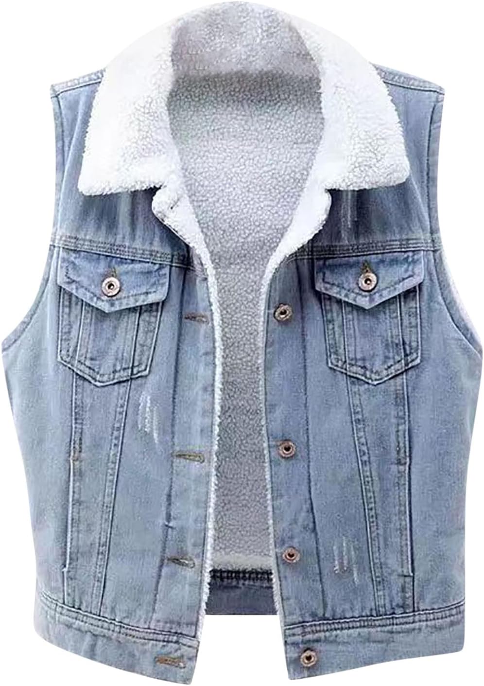 HGps8w Women's Sherpa Fleece Lined Denim Vest Button Down Sleeveless Warm Gilet Jean Jacket Waistcoat Outwear with Pockets