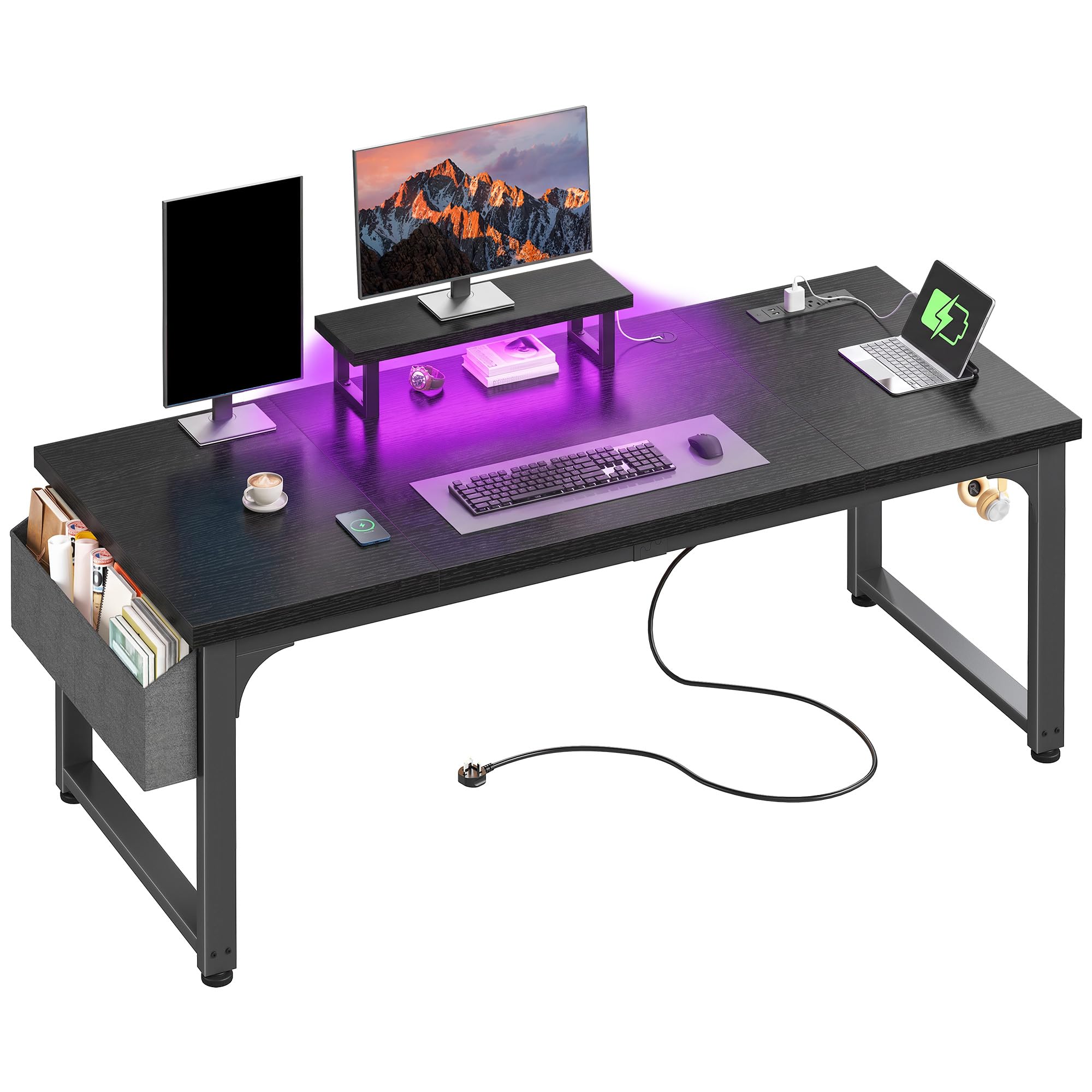 Cliporix 24mm Thick Gaming Desk with Power Outlets & RGB Lights, 120cm 3-Zone Large Desktop, Computer Desk with Side Pocket & Headphone Hooks, Heavy Duty Home Office Table for Small Space Study Black