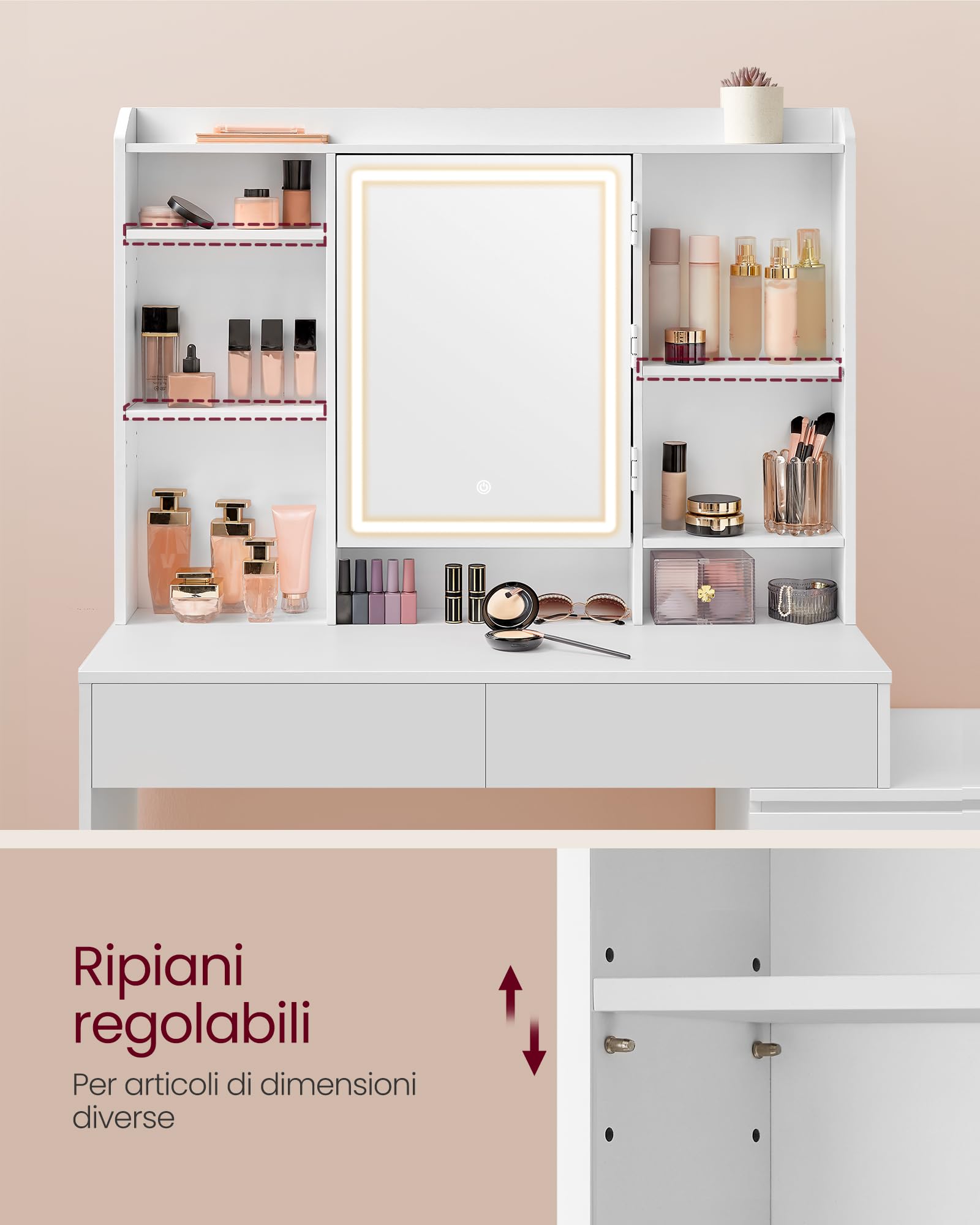 VASAGLE KAILYN Collezione - Toeletta con Luci LED a Luminosità Regolabile, Tavolo da Trucco con Specchio, 40 x 118,3 x 145 cm, Scomparti Aperti, Ripiani Regolabili, Moderno, Bianco Nuvola RDT624WB01